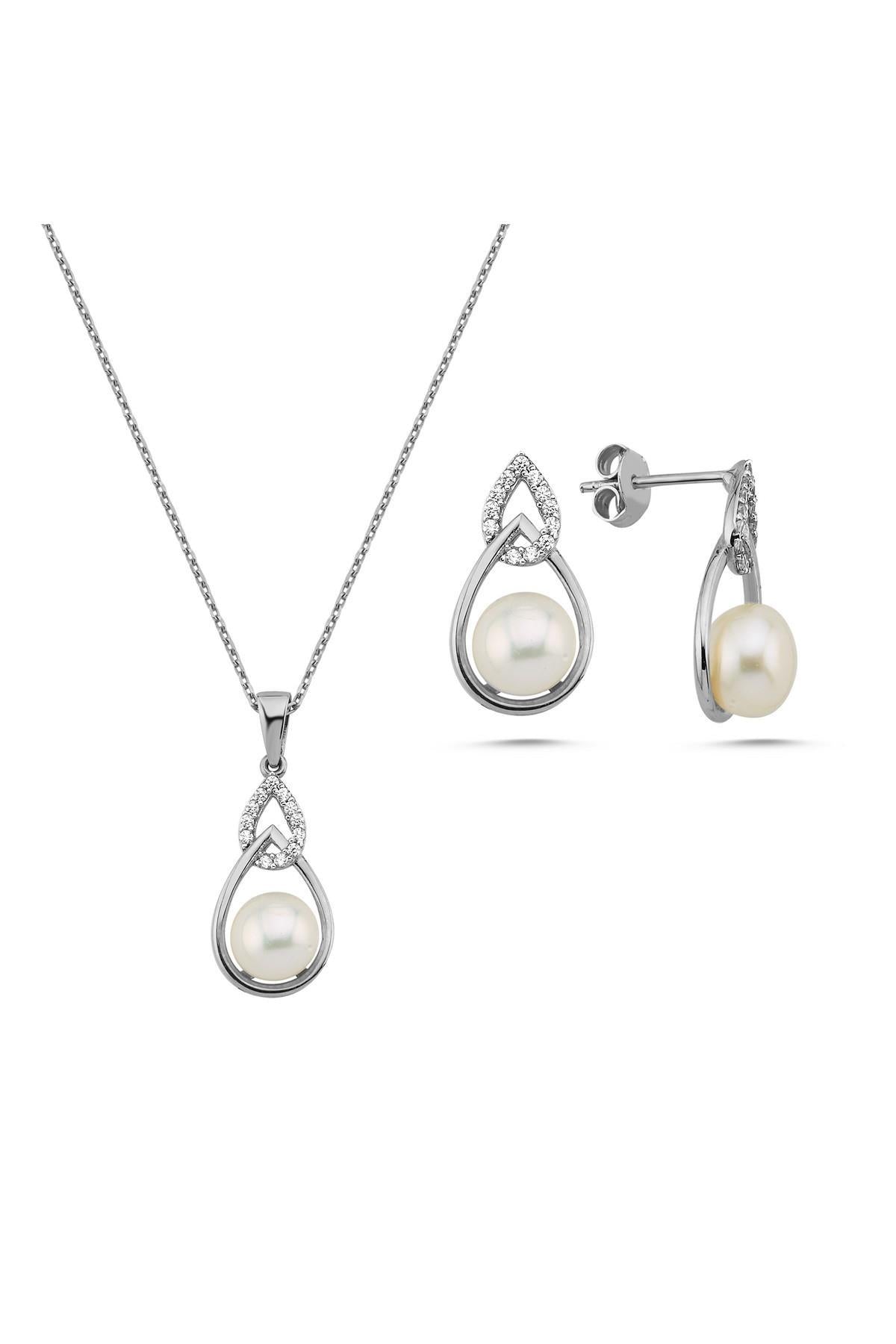 Zirkon Taşlı Damla İçinde Doğal İnci Küpe Kolye İkili Set