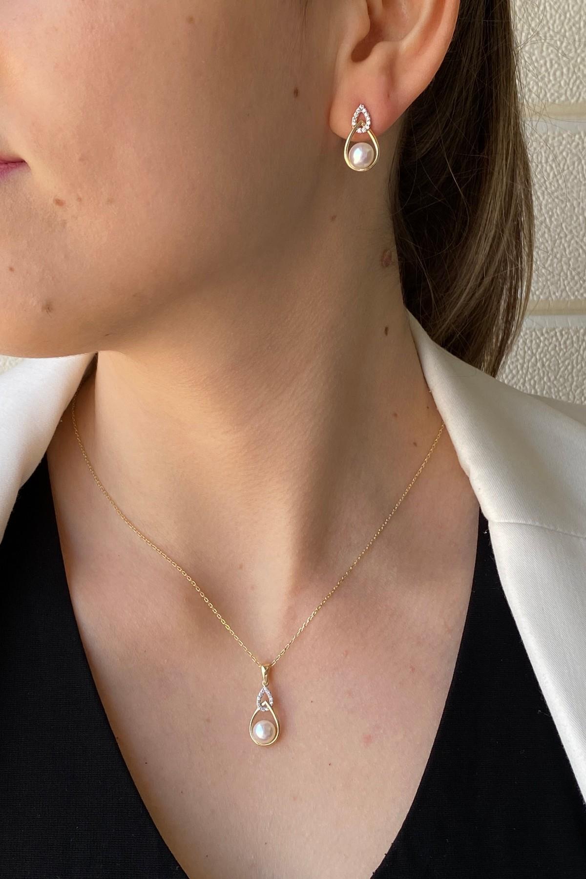 Zirkon Taşlı Damla İçinde Doğal İnci Küpe Kolye İkili Set