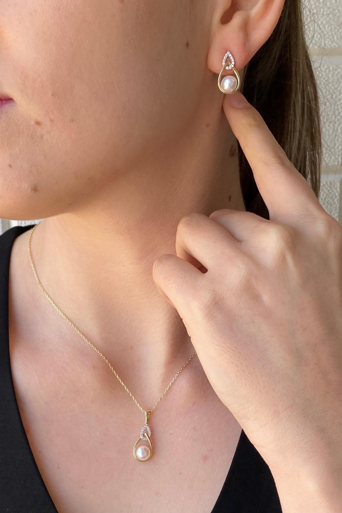 Zirkon Taşlı Damla İçinde Doğal İnci Küpe Kolye İkili Set