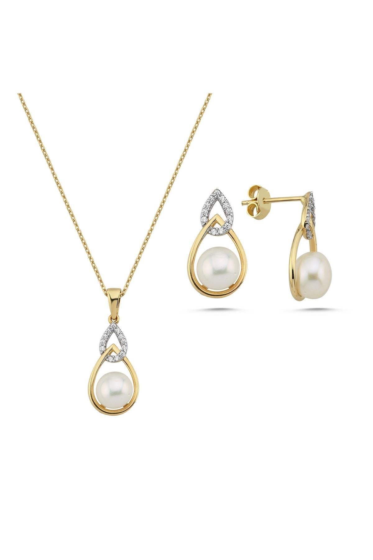 Zirkon Taşlı Damla İçinde Doğal İnci Küpe Kolye İkili Set