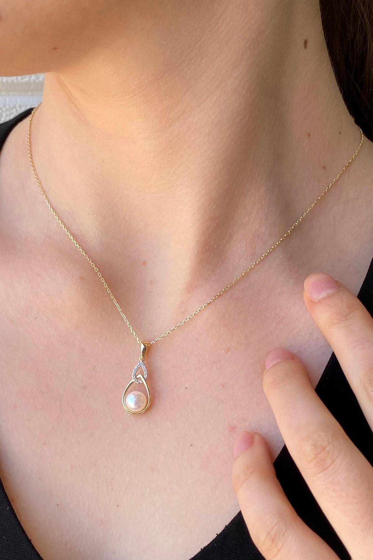 Zirkon Taşlı Damla İçinde Doğal İnci Küpe Kolye İkili Set