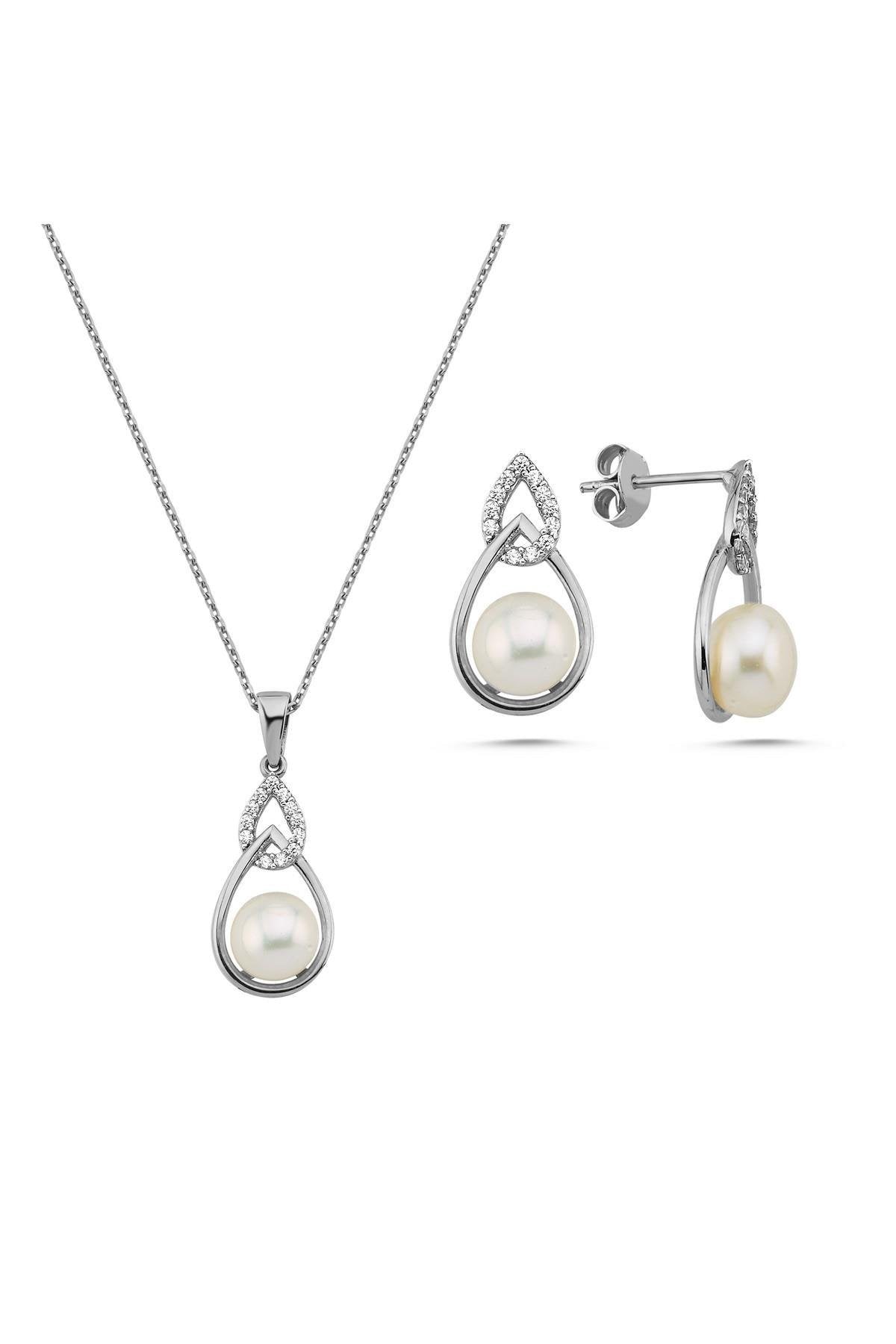 Zirkon Taşlı Damla İçinde Doğal İnci Küpe Kolye İkili Set