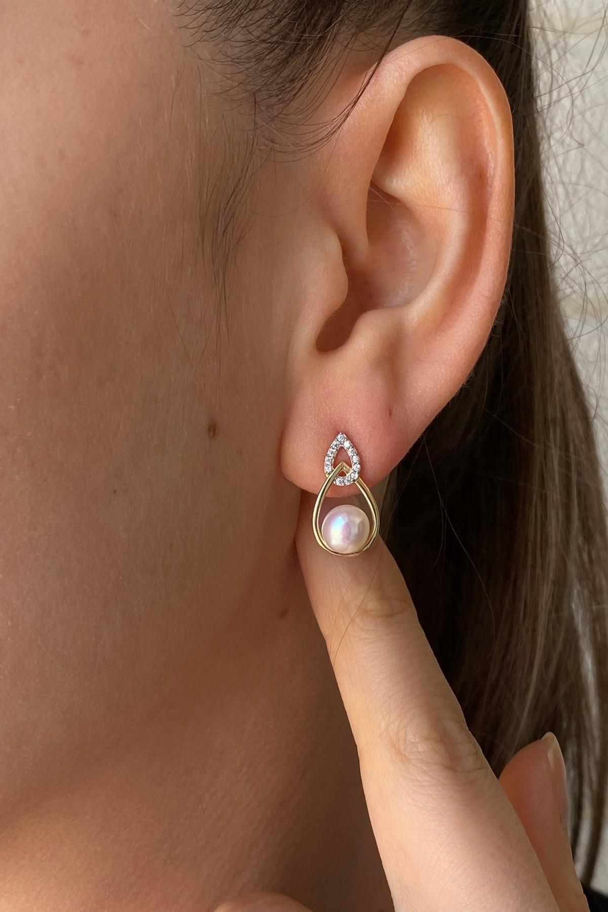 Zirkon Taşlı Doğal İnci Küpe