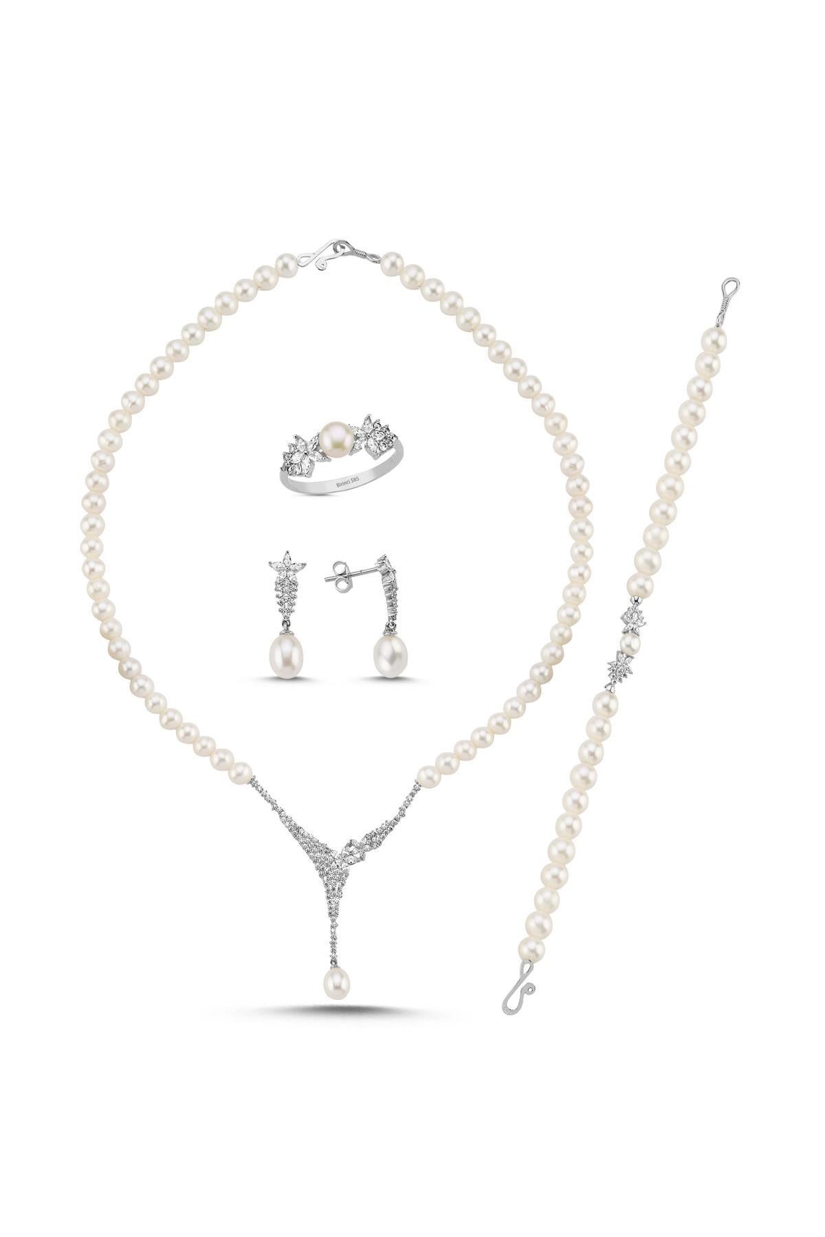 Zirkon Taşlı Doğal İnci Küpe Kolye Bileklik Yüzük Dörtlü Set