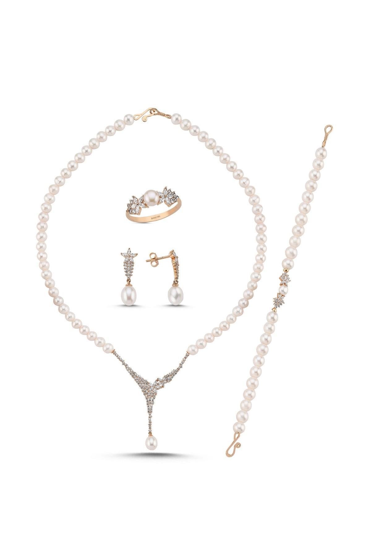 Zirkon Taşlı Doğal İnci Küpe Kolye Bileklik Yüzük Dörtlü Set