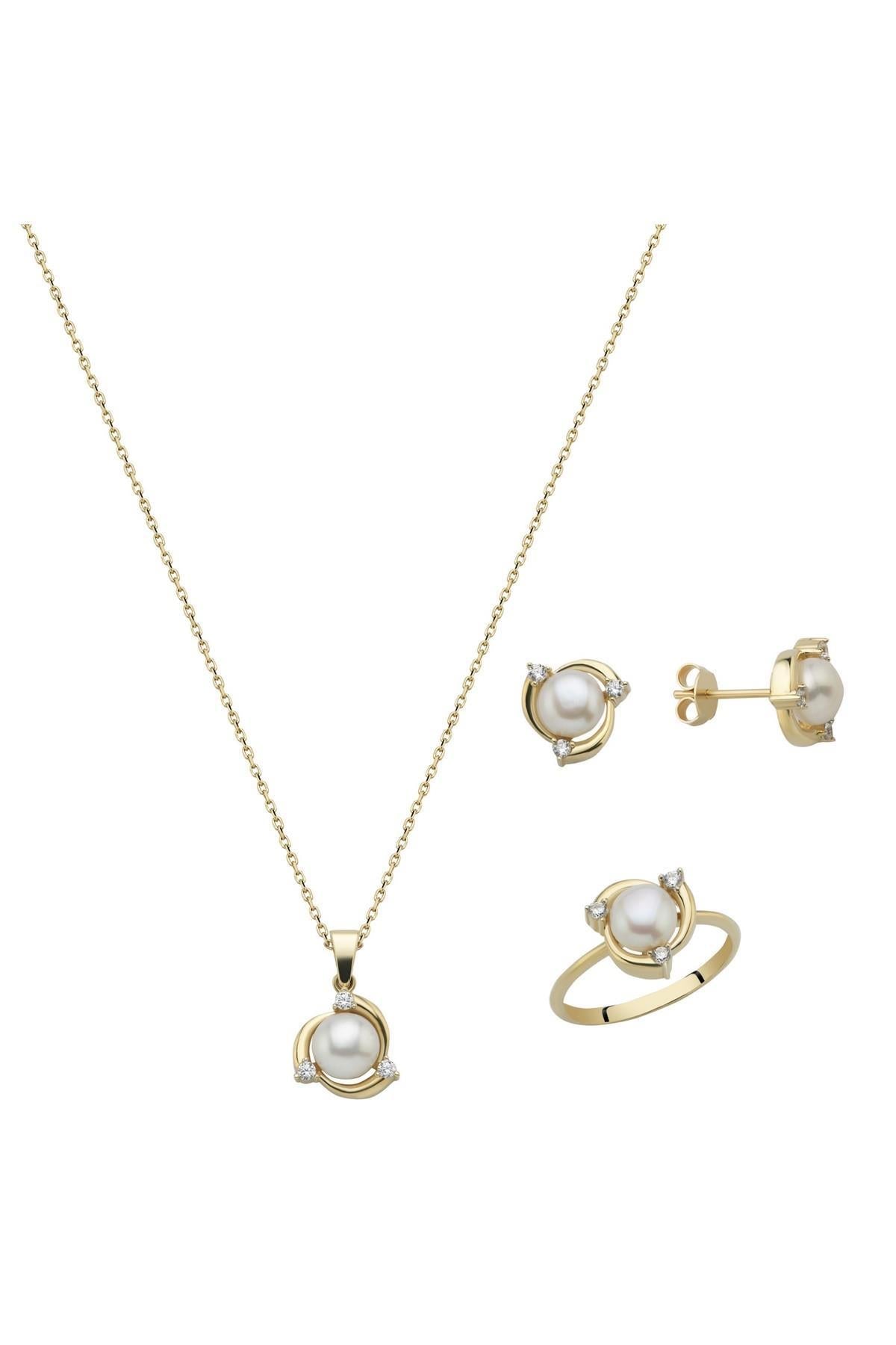 Zirkon Taşlı Doğal İnci Küpe Kolye Yüzük Üçlü Set