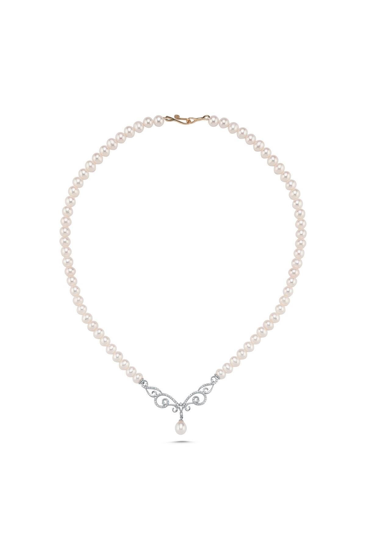 Zirkon Taşlı Doğal İnci Kolye