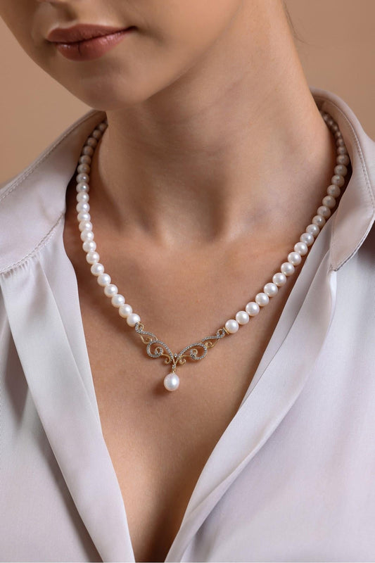 Zirkon Taşlı Doğal İnci Kolye