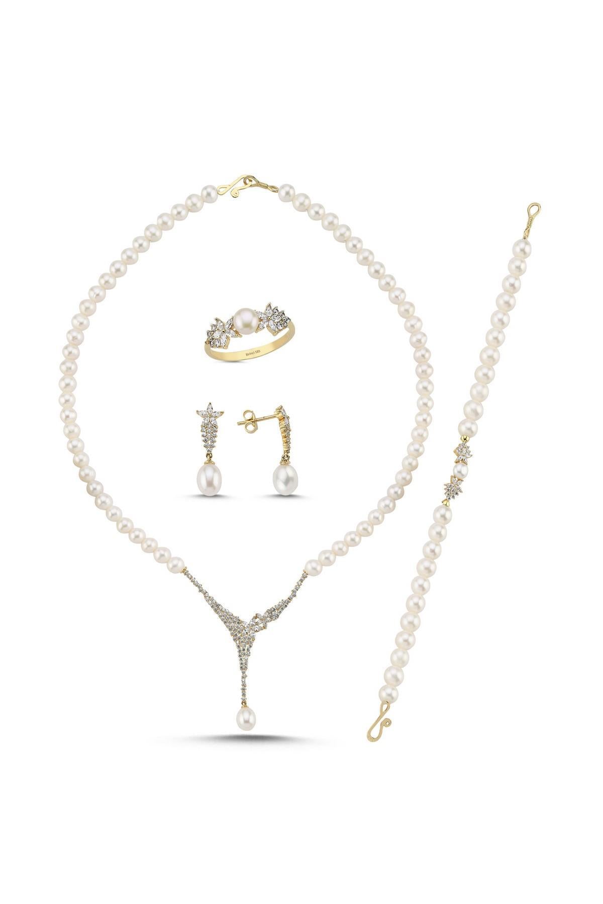 Zirkon Taşlı Doğal İnci Küpe Kolye Bileklik Yüzük Dörtlü Set