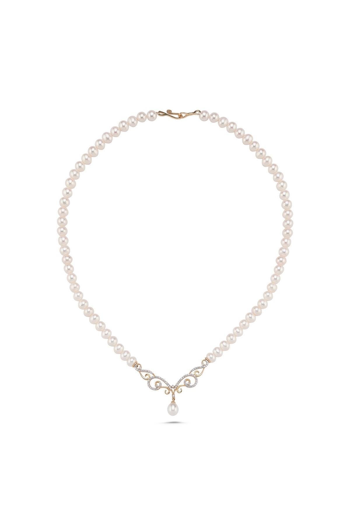 Zirkon Taşlı Doğal İnci Kolye