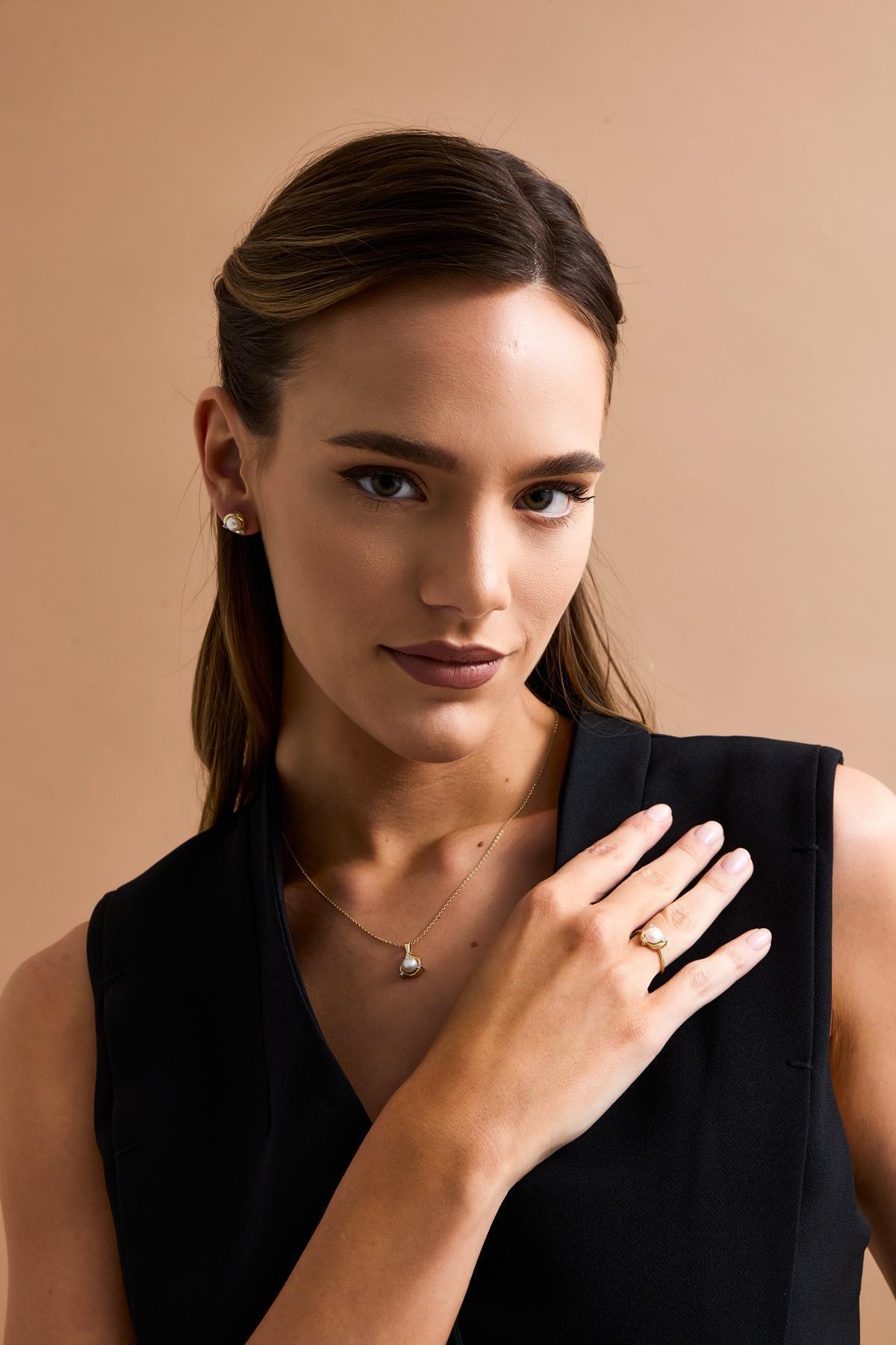 Zirkon Taşlı Doğal İnci Küpe Kolye Yüzük Üçlü Set