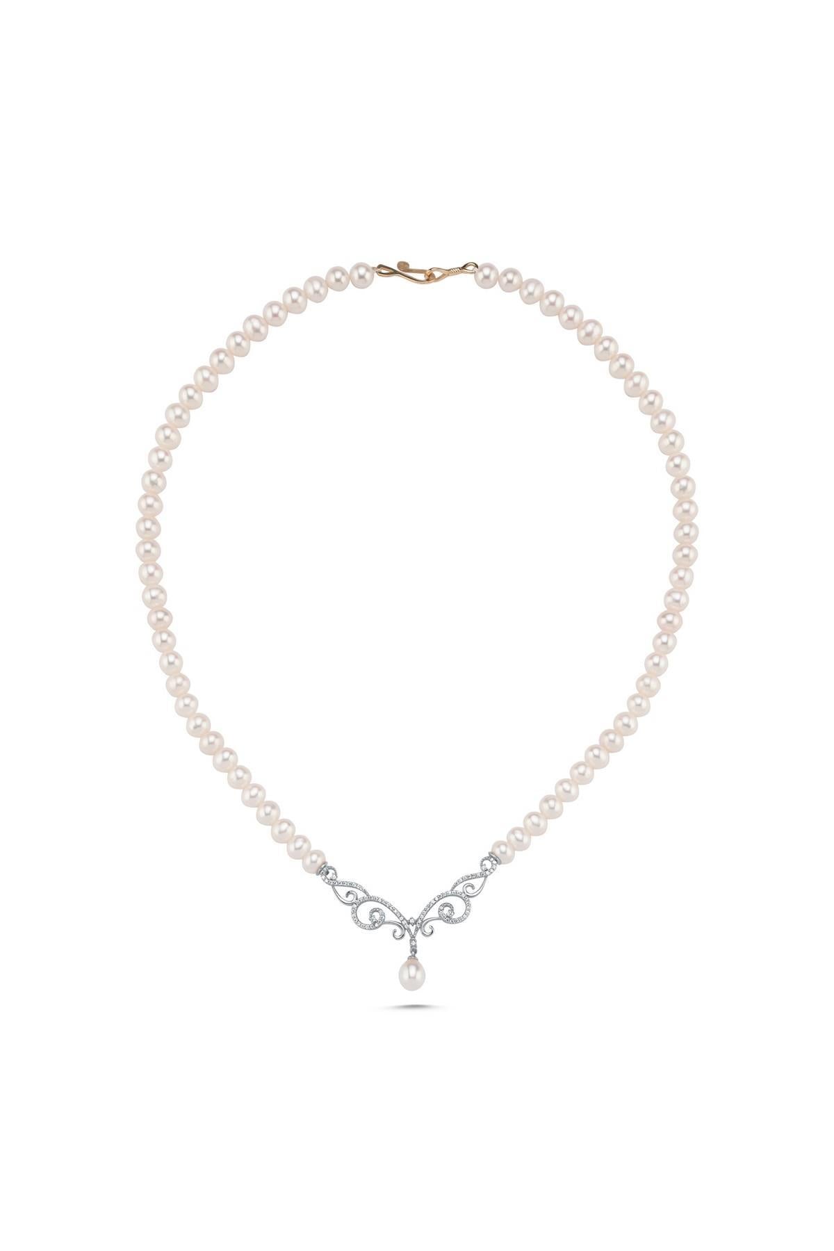 Zirkon Taşlı Doğal İnci Kolye