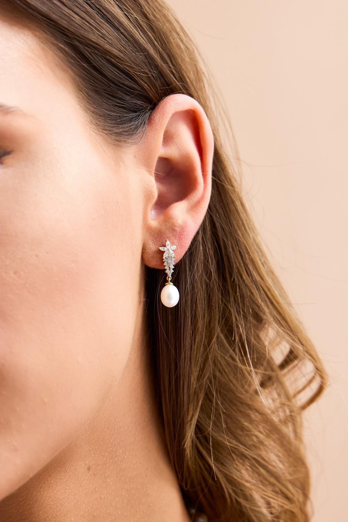 Zirkon Taşlı Doğal İnci Küpe