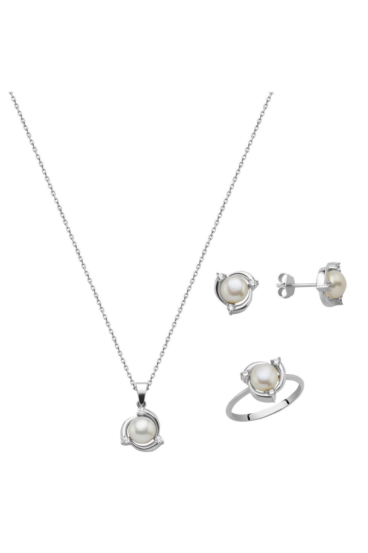 Zirkon Taşlı Doğal İnci Küpe Kolye Yüzük Üçlü Set