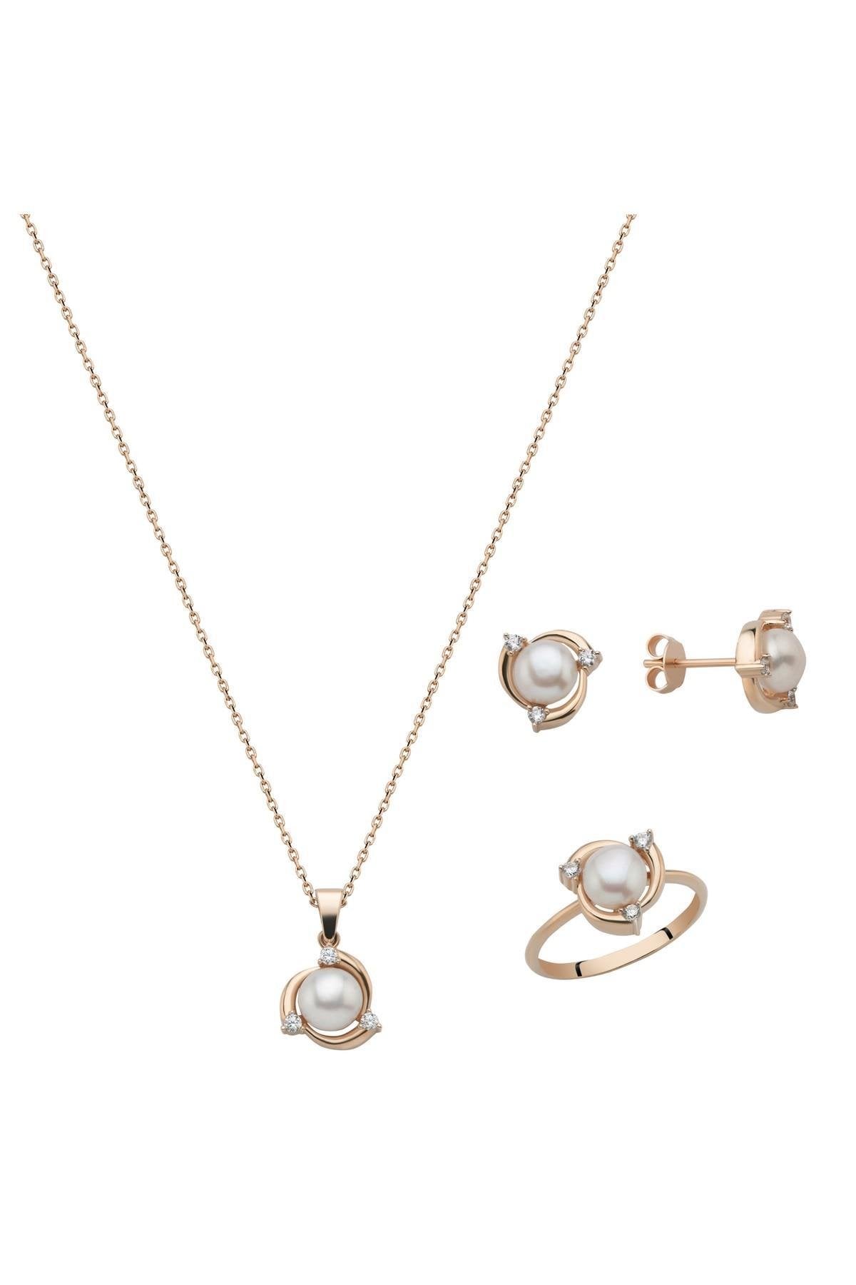 Zirkon Taşlı Doğal İnci Küpe Kolye Yüzük Üçlü Set