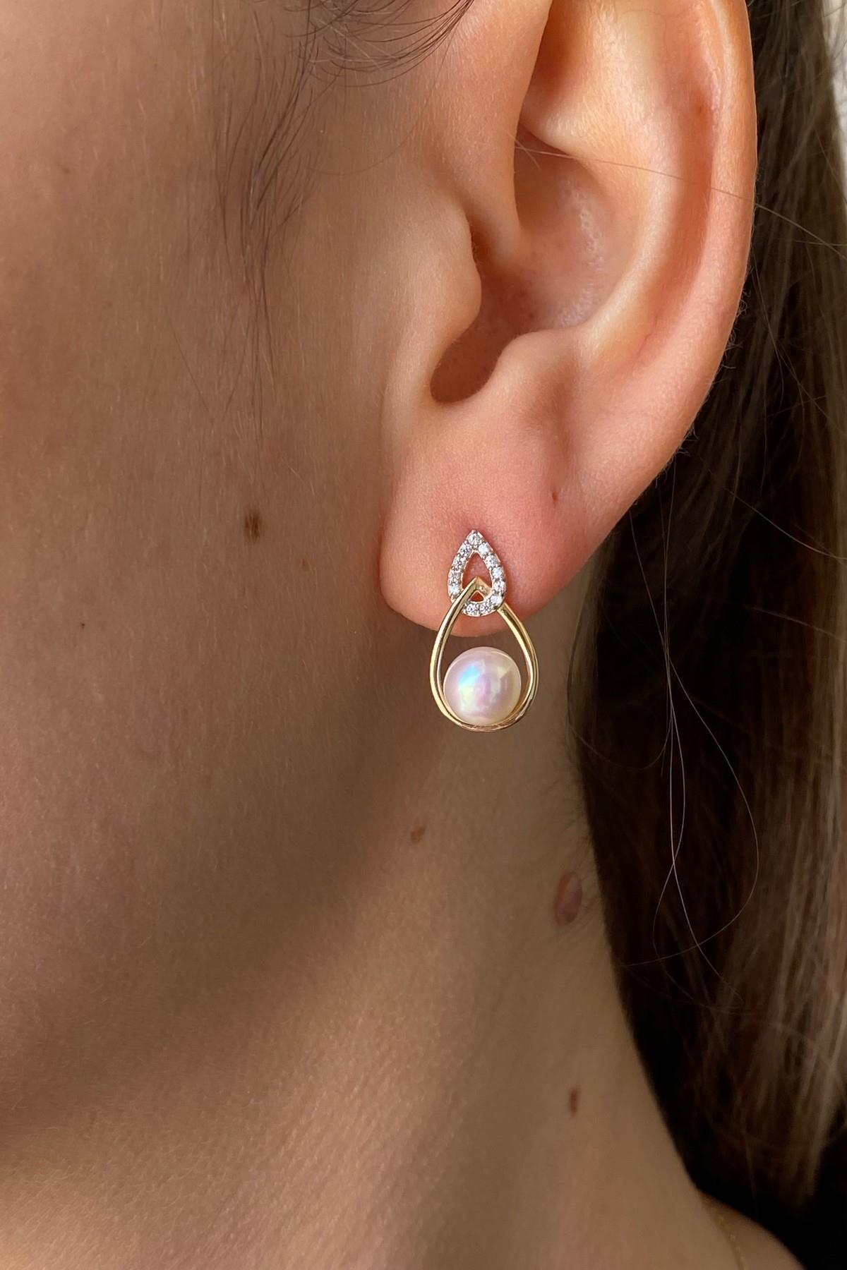 Zirkon Taşlı Doğal İnci Küpe