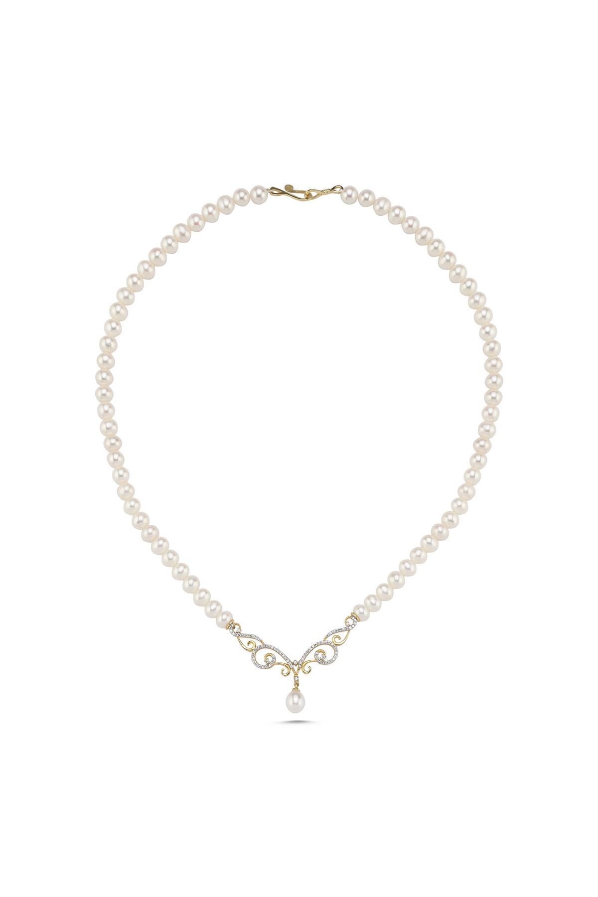 Zirkon Taşlı Doğal İnci Kolye