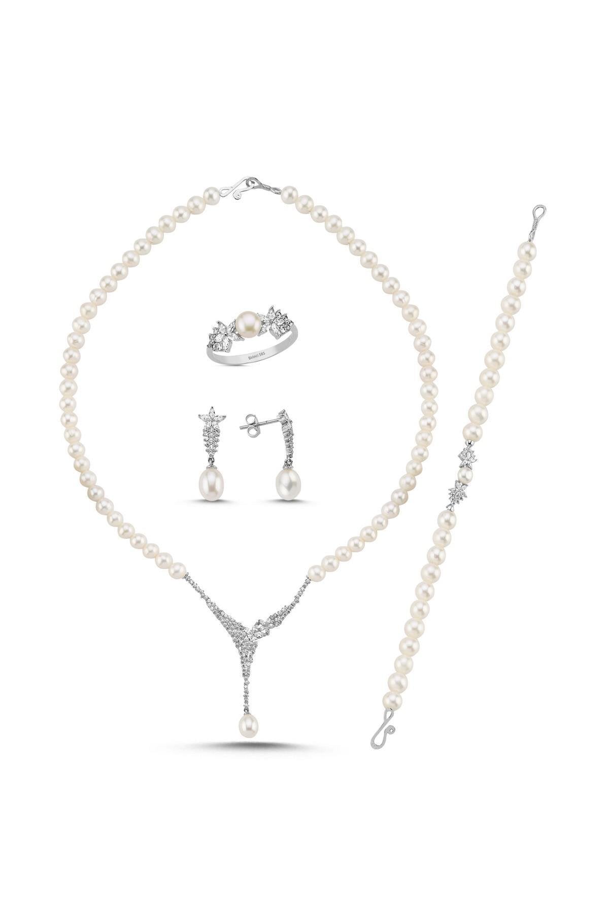 Zirkon Taşlı Doğal İnci Küpe Kolye Bileklik Yüzük Dörtlü Set