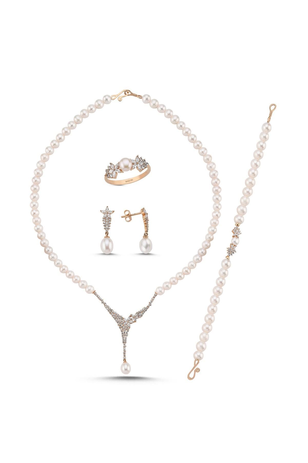 Zirkon Taşlı Doğal İnci Küpe Kolye Bileklik Yüzük Dörtlü Set