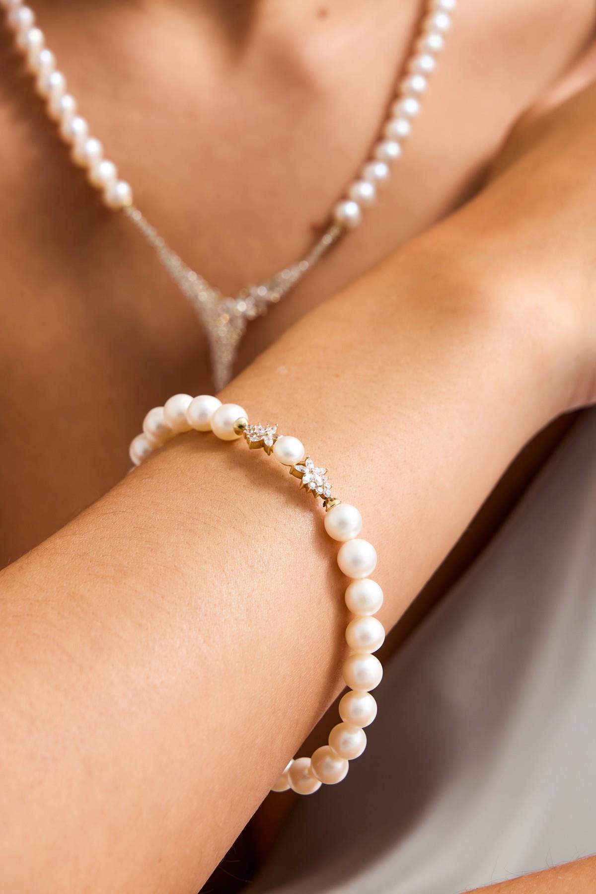 Zirkon Taşlı Doğal İnci Küpe Kolye Bileklik Yüzük Dörtlü Set