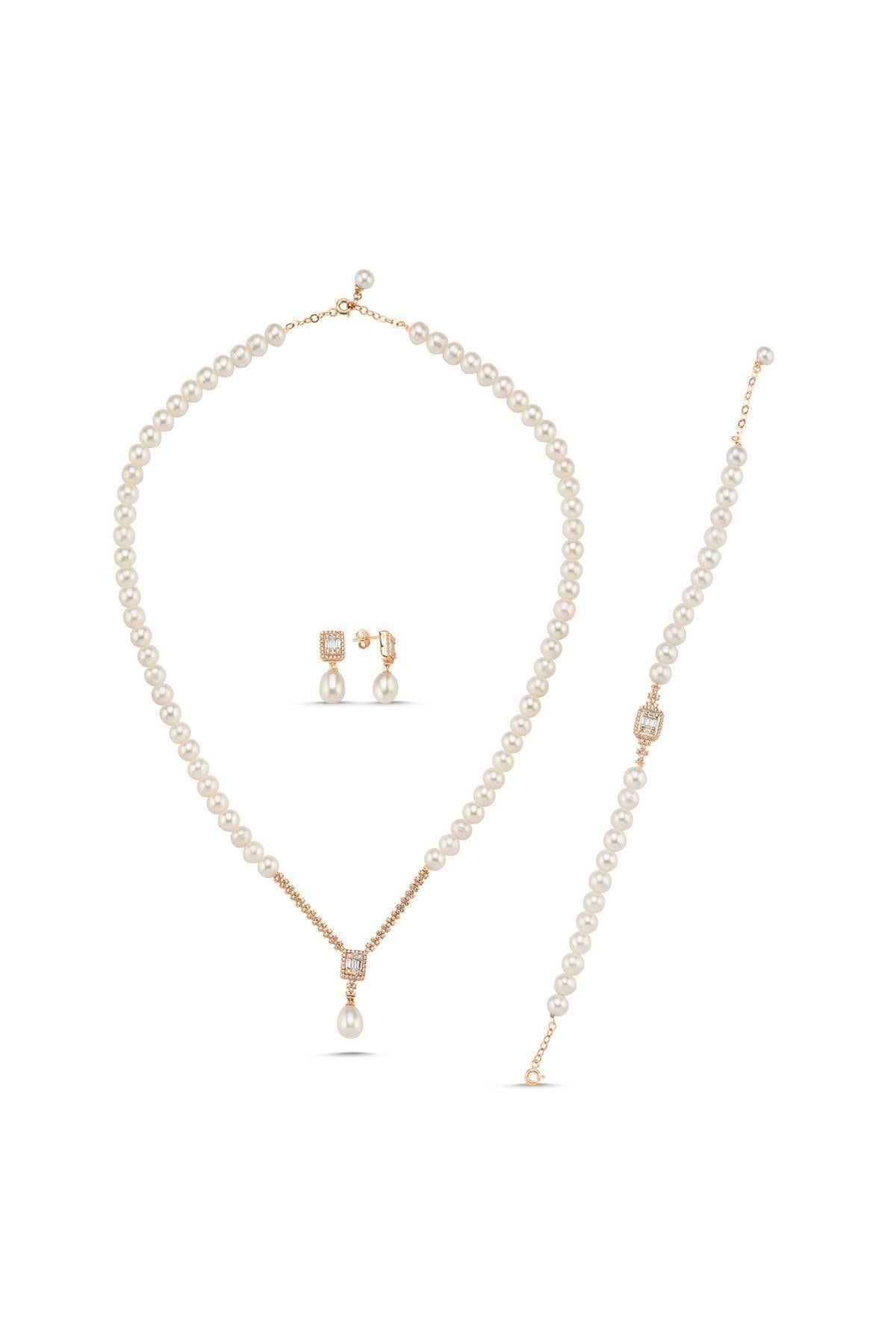 Baget Taşlı Doğal İnci Küpe Kolye Bileklik Üçlü Set