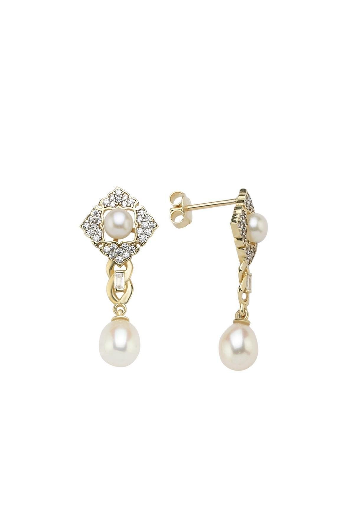 Baget Taşlı Doğal İnci Küpe