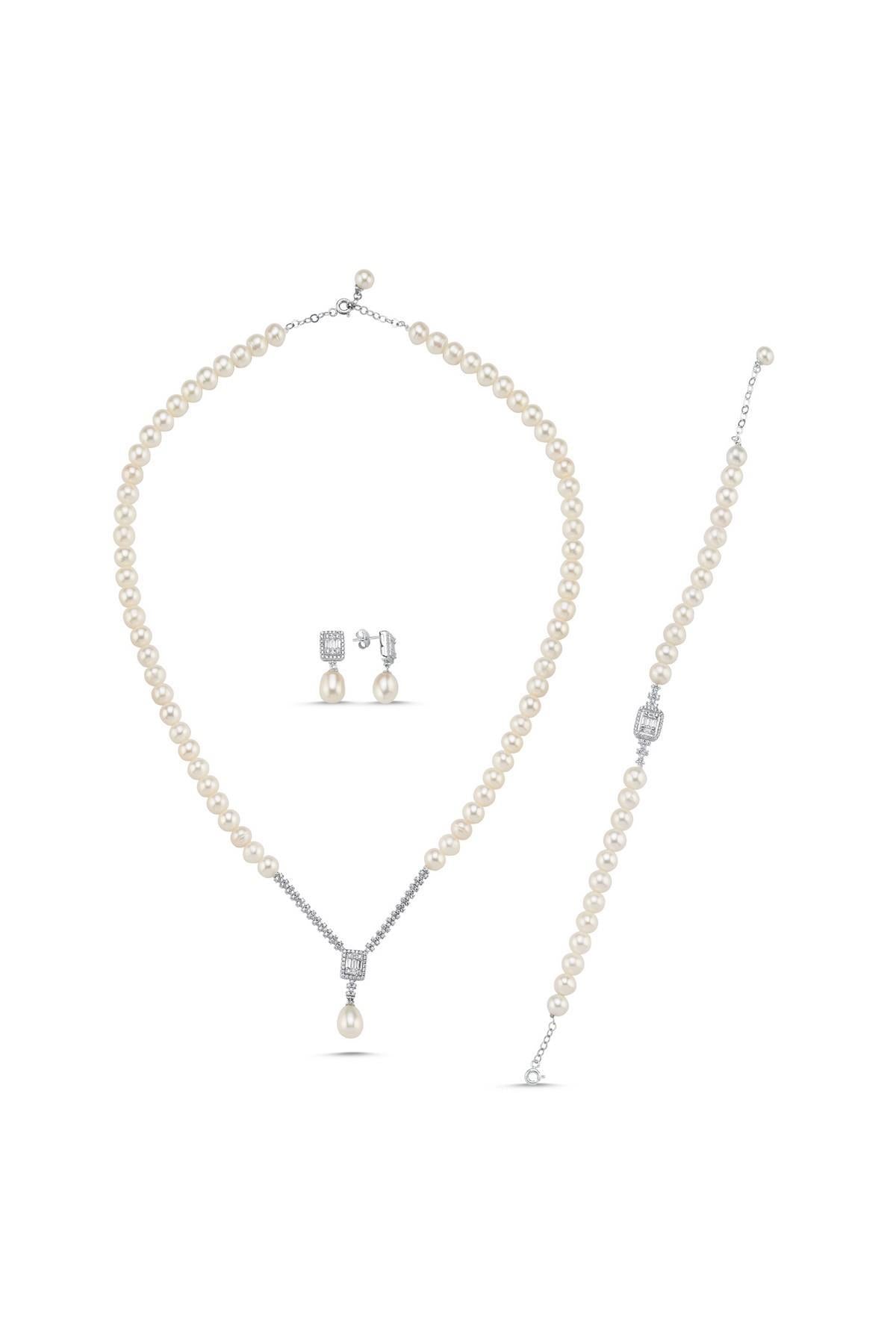 Baget Taşlı Doğal İnci Küpe Kolye Bileklik Üçlü Set