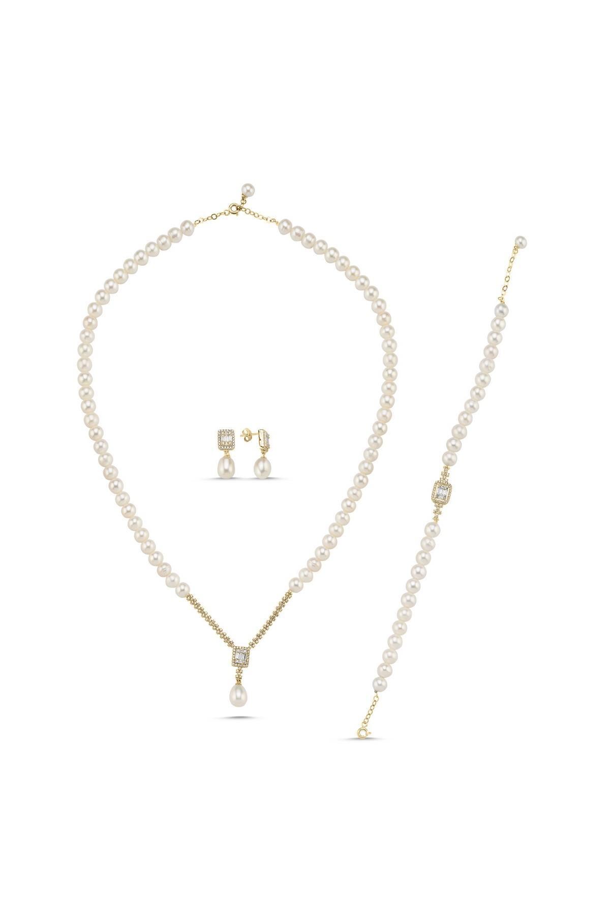 Baget Taşlı Doğal İnci Küpe Kolye Bileklik Üçlü Set