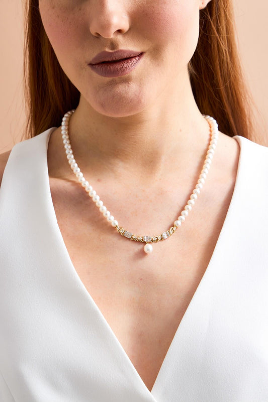 Baget Taşlı Doğal İnci Kolye