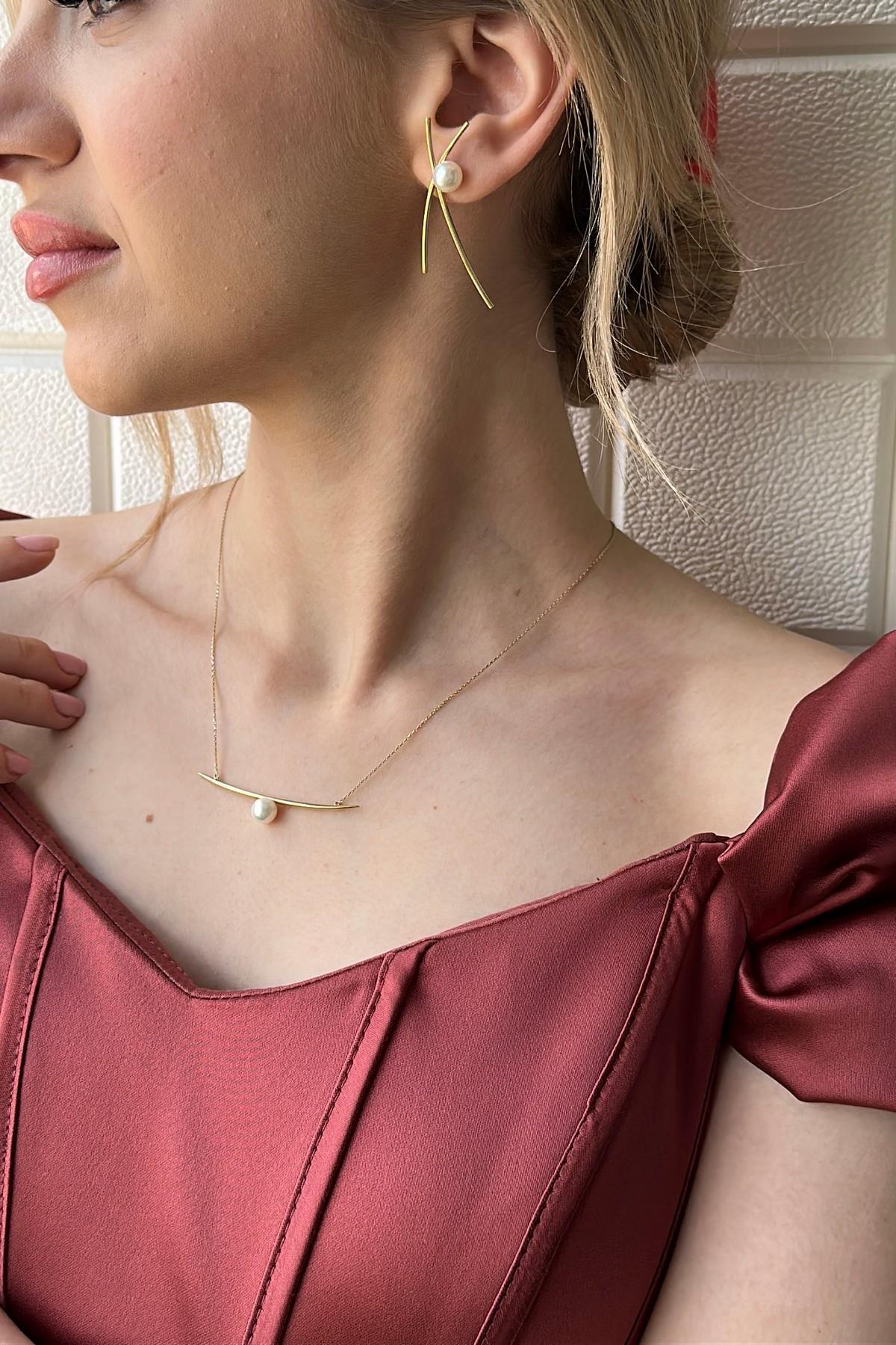 Doğal İncili Küpe Kolye İkili Set