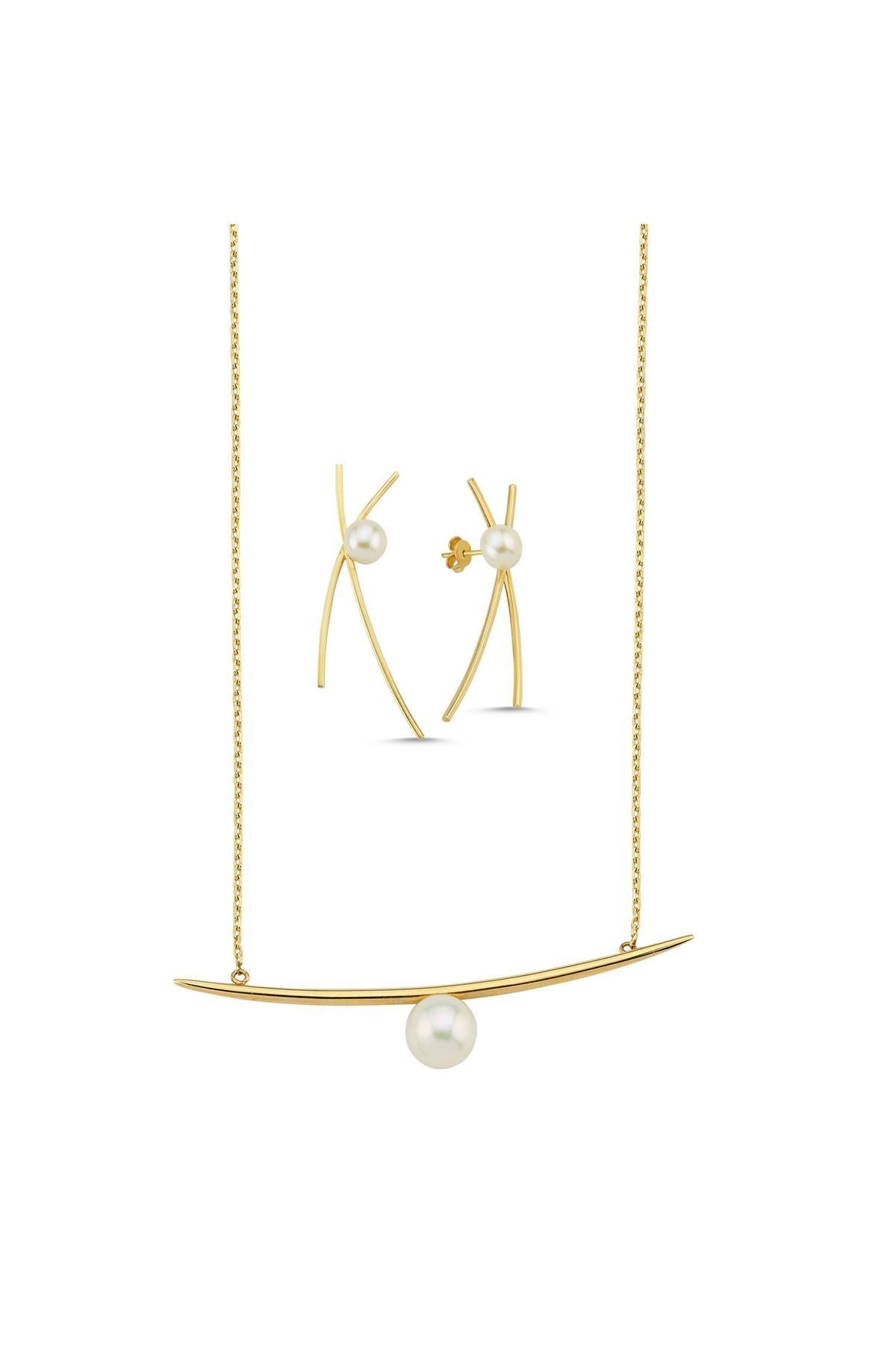 Doğal İncili Küpe Kolye İkili Set