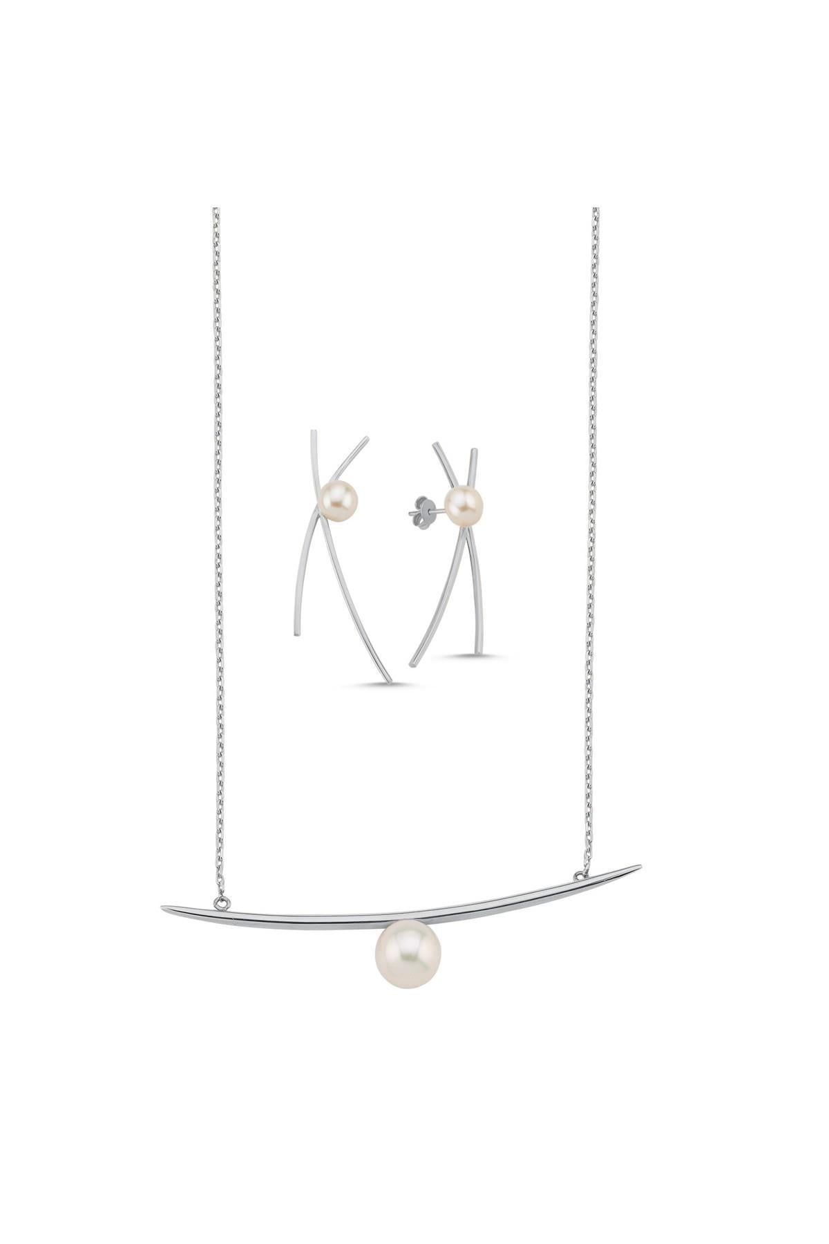 Doğal İncili Küpe Kolye İkili Set