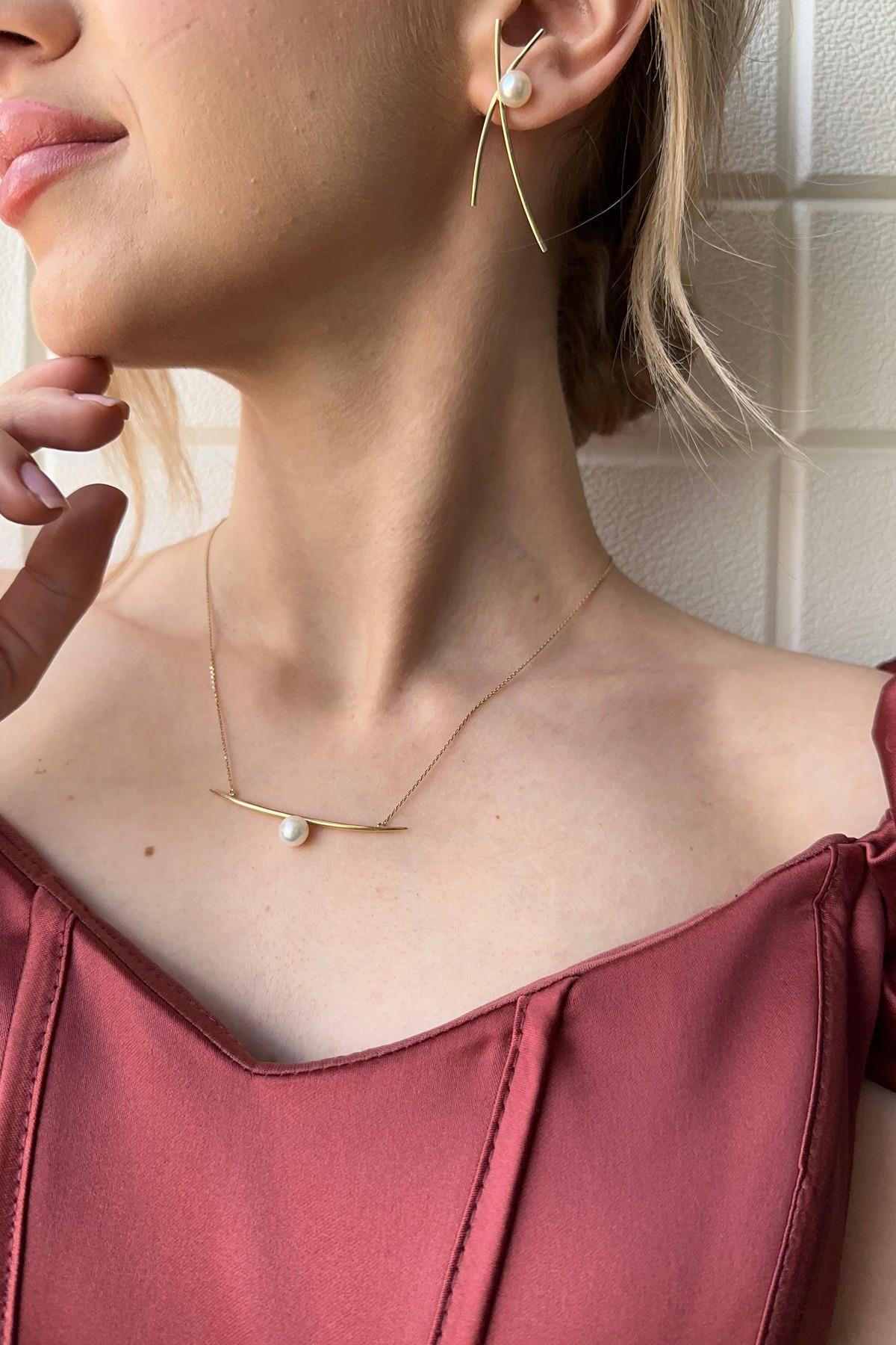 Doğal İncili Küpe Kolye İkili Set