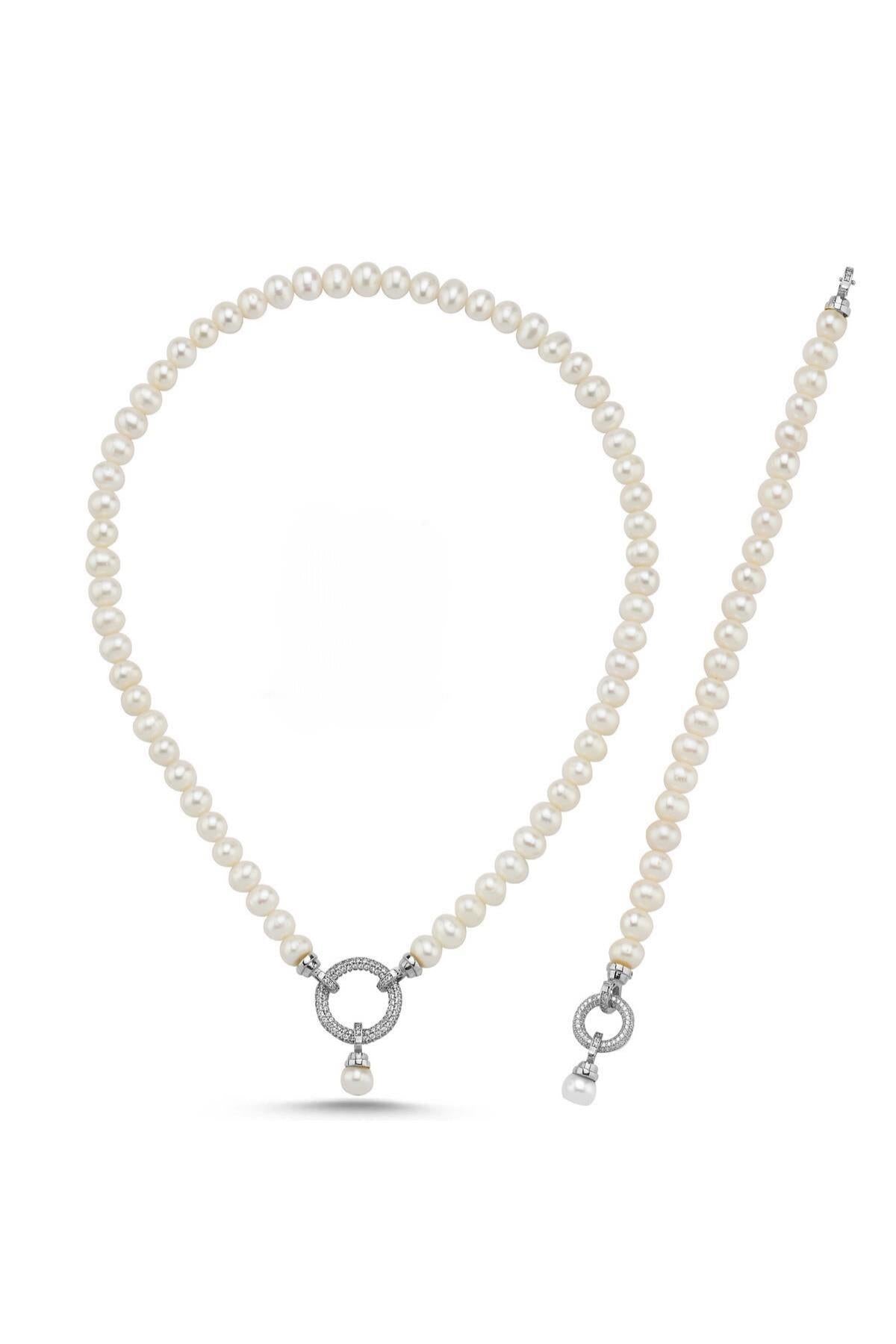 Halka Kilitli Doğal İnci Kolye Bileklik İkili Set