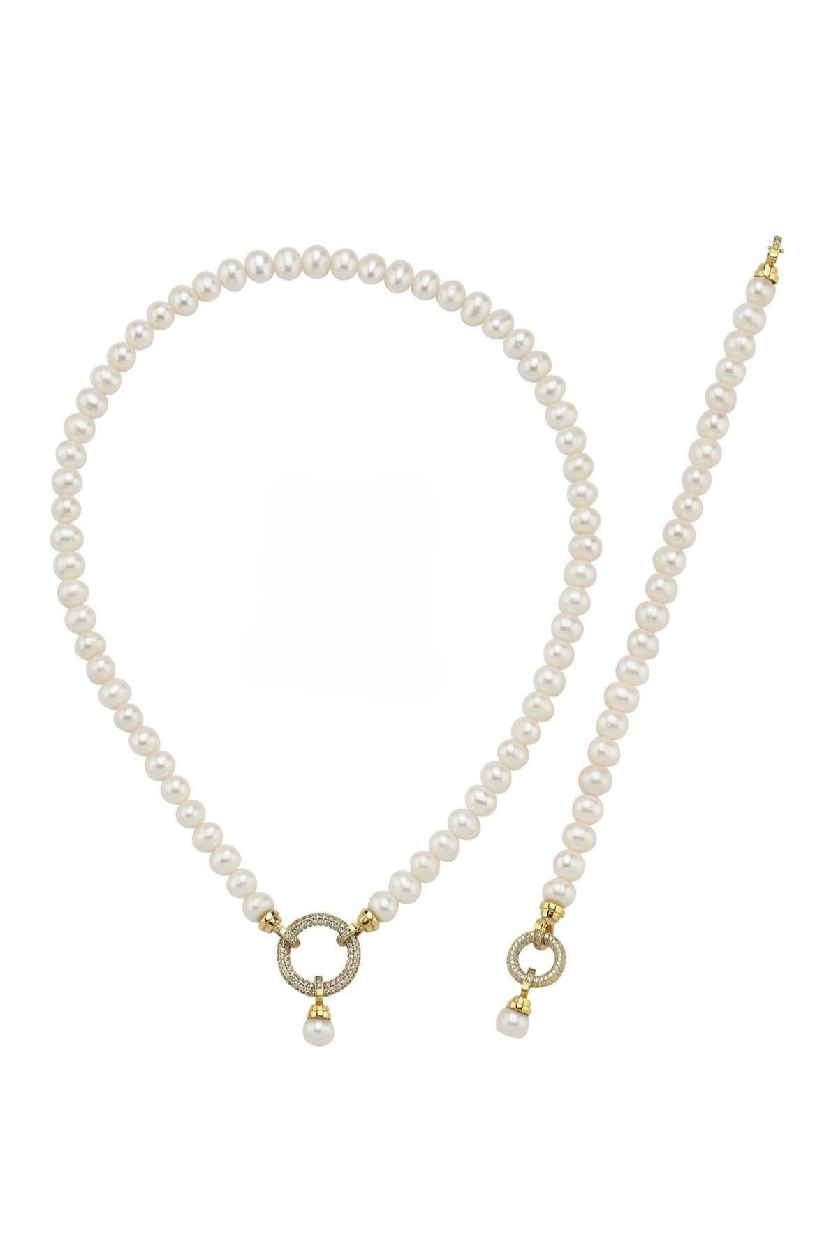 Halka Kilitli Doğal İnci Kolye Bileklik İkili Set