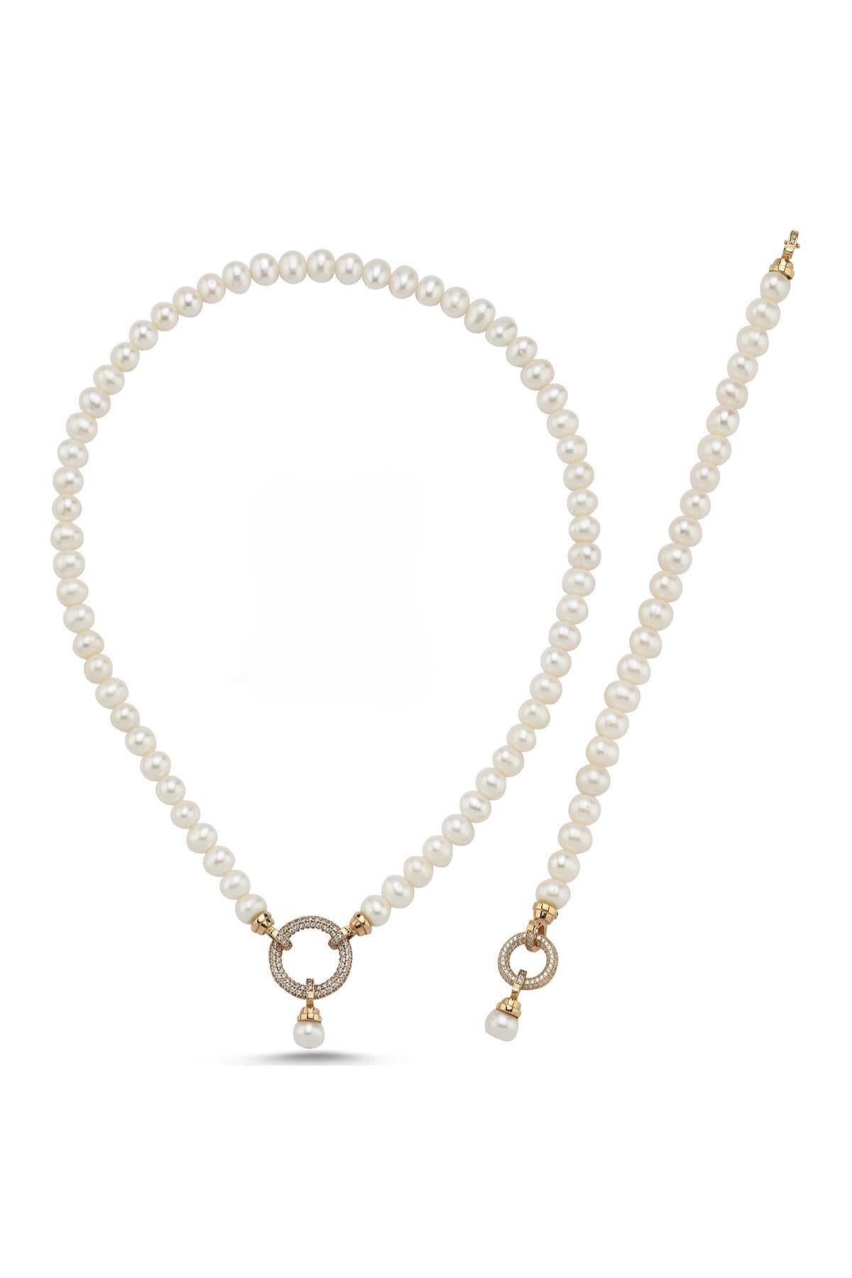 Halka Kilitli Doğal İnci Kolye Bileklik İkili Set