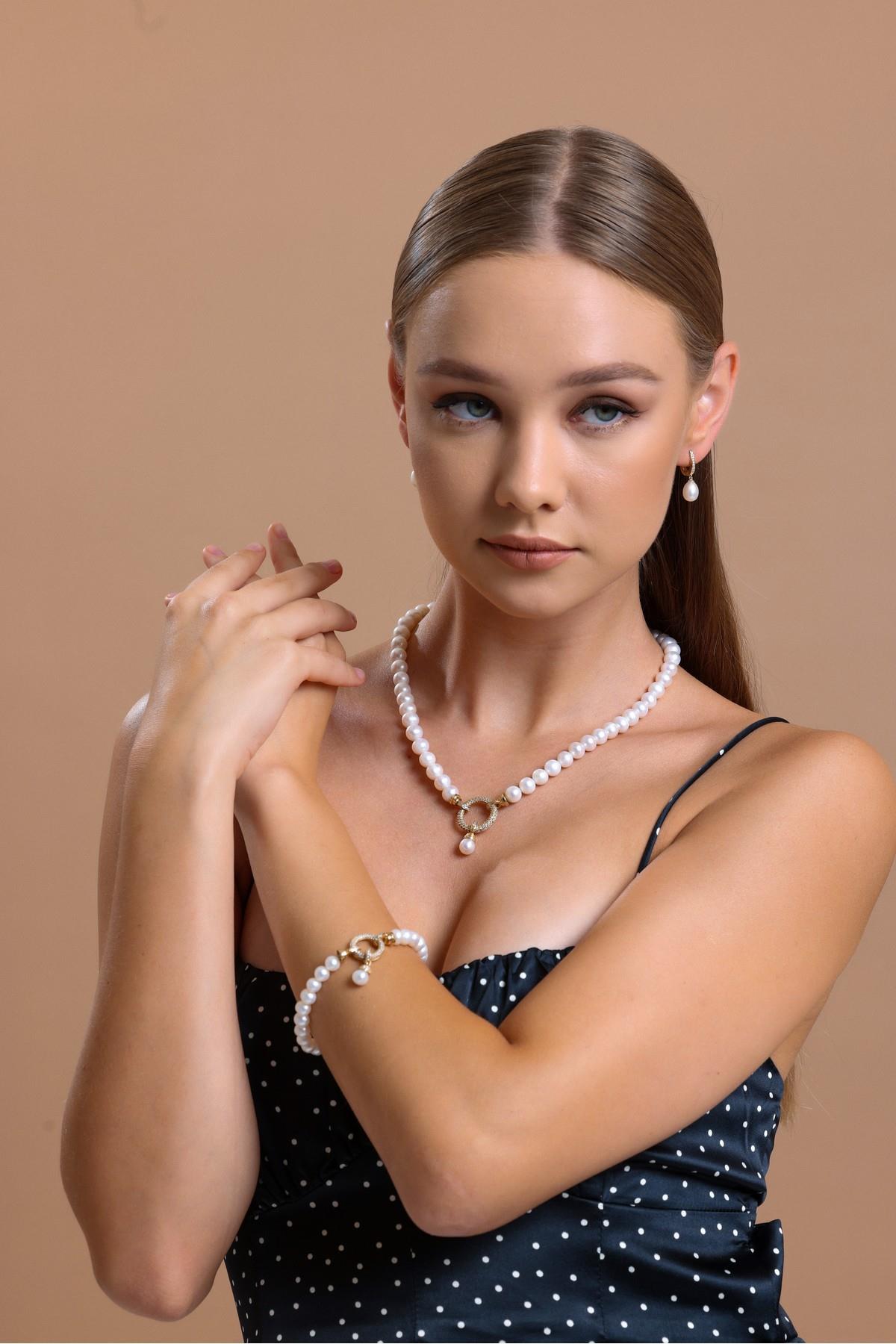 Halka Kilitli Doğal İnci Kolye Bileklik İkili Set