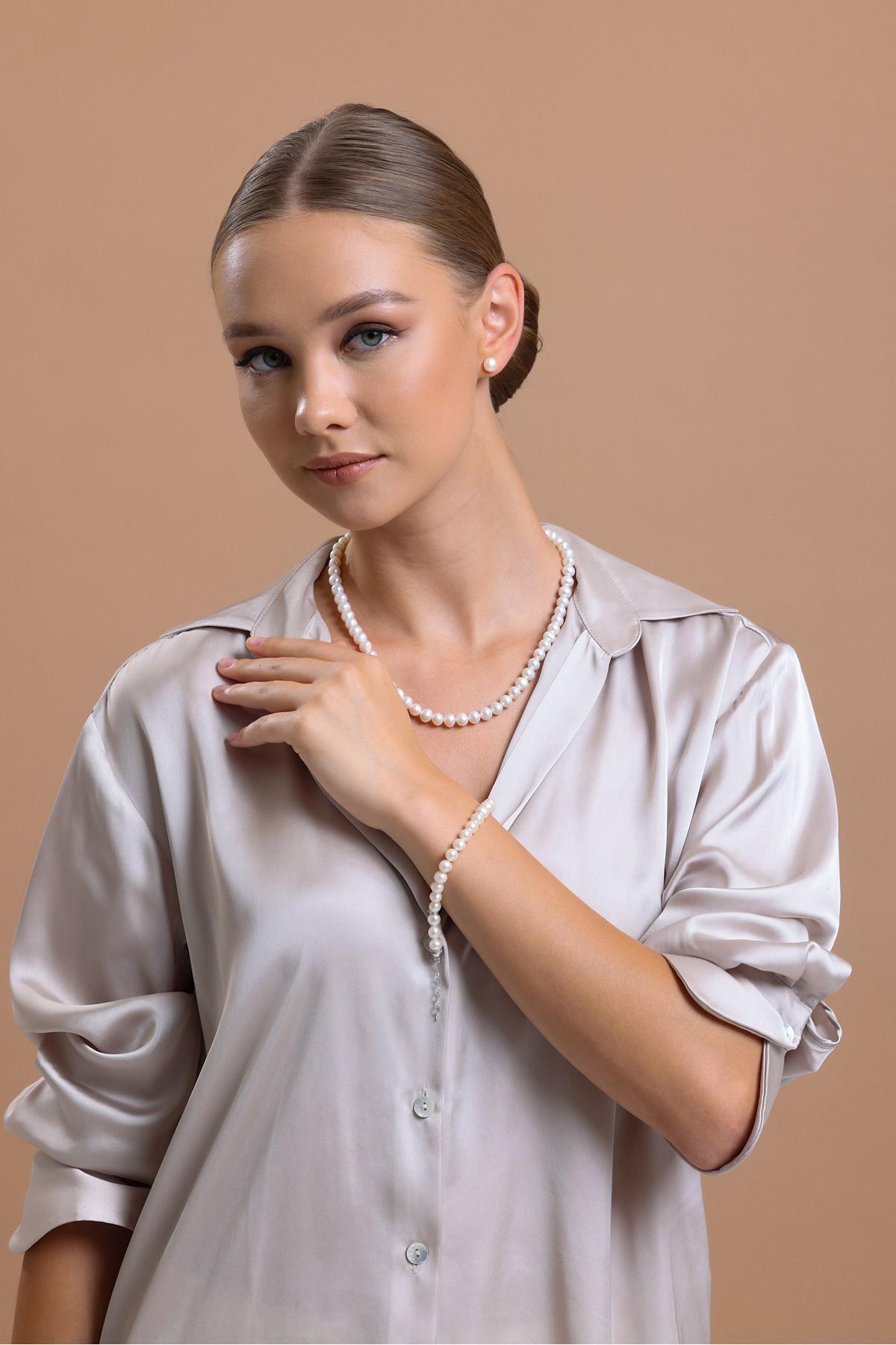 Sıralı Doğal İnci Küpe Kolye Bileklik Üçlü Set