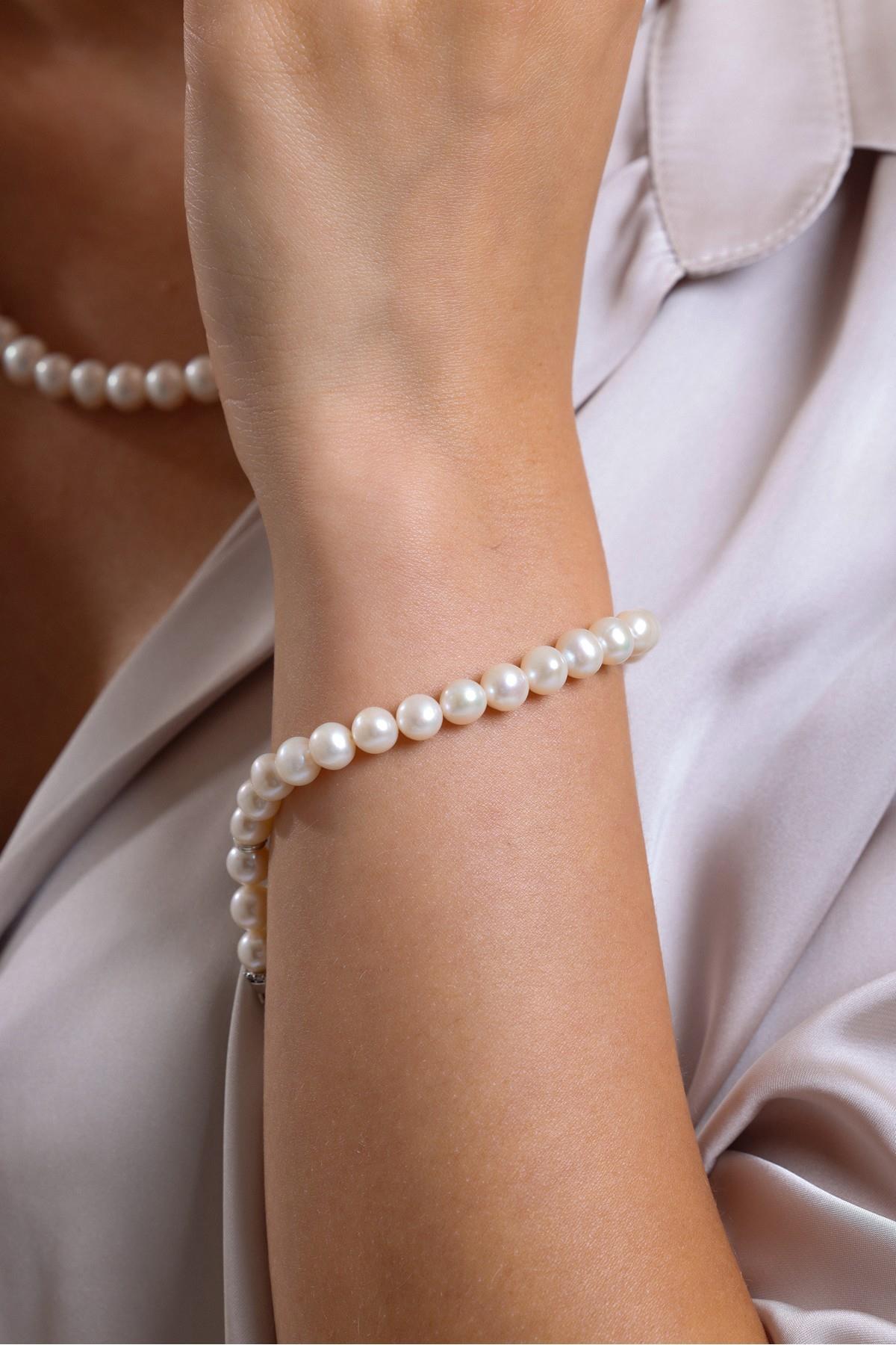 Sıralı Doğal İnci Küpe Kolye Bileklik Üçlü Set