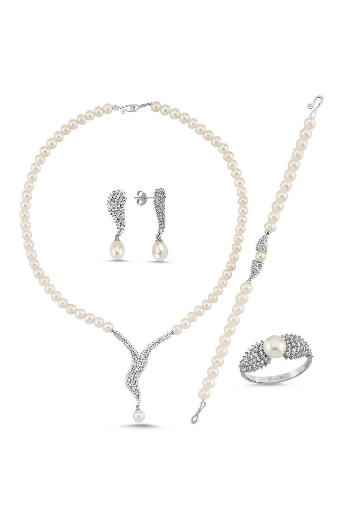 Su Yolu Taşlı Doğal İnci Küpe Kolye Bileklik Yüzük Dörtlü Set