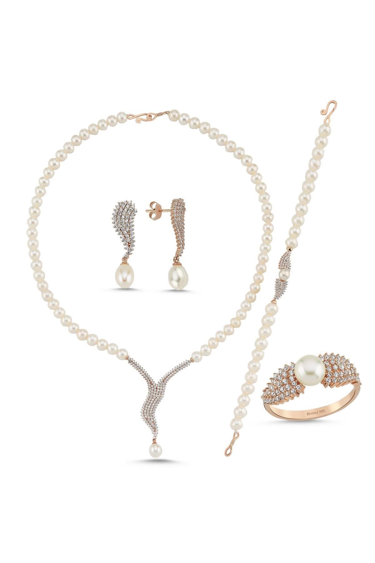 Su Yolu Taşlı Doğal İnci Küpe Kolye Bileklik Yüzük Dörtlü Set