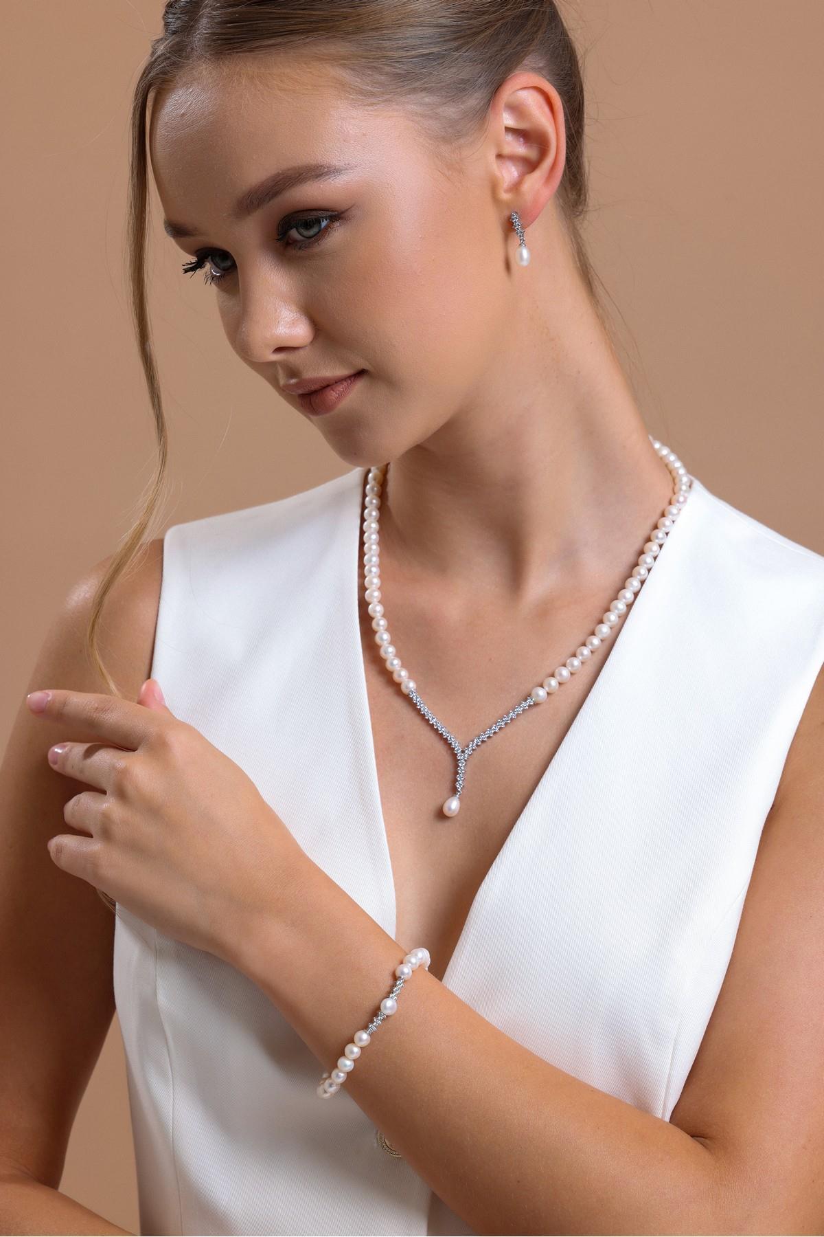 Suyolu Doğal İnci Küpe Kolye Bileklik Üçlü Set