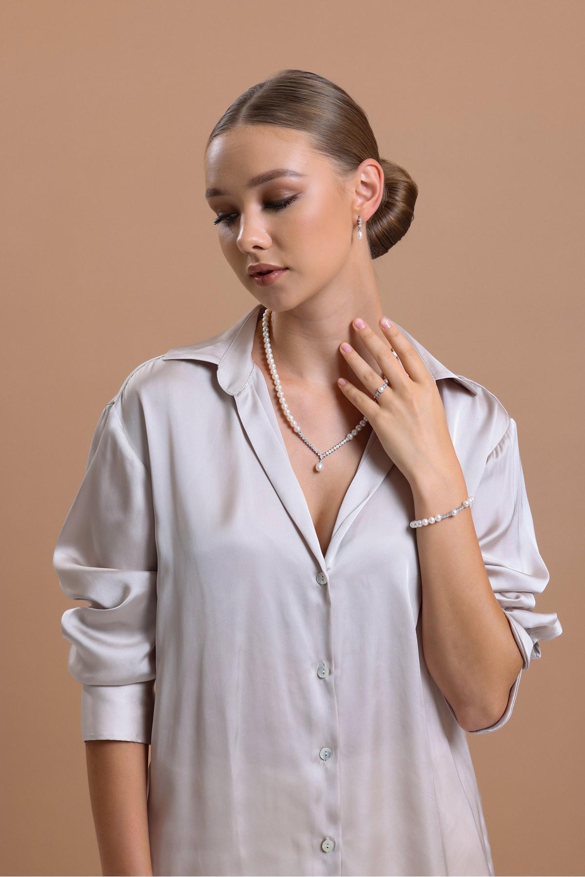 Suyolu Taşlı Doğal İnci Küpe Kolye Bileklik Üçlü Set