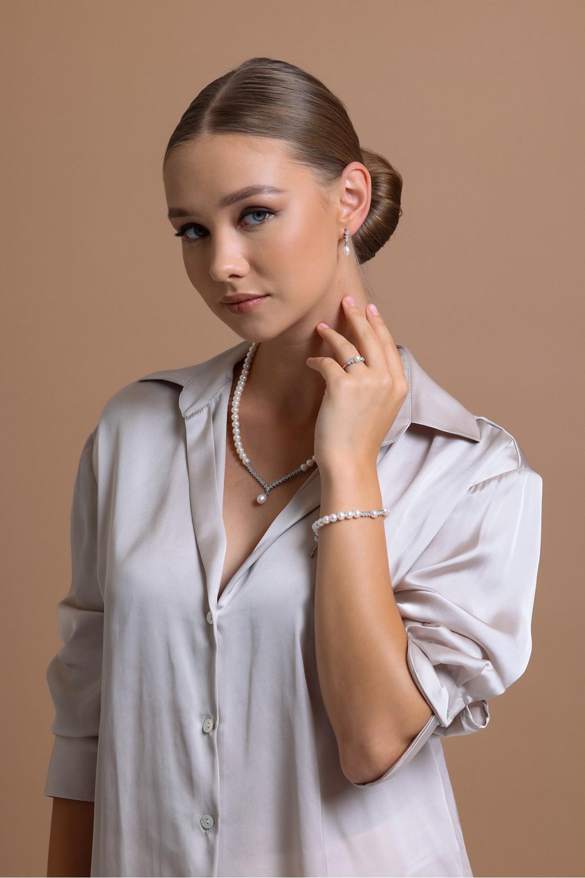 Suyolu Taşlı Doğal İnci Küpe Kolye Bileklik Üçlü Set