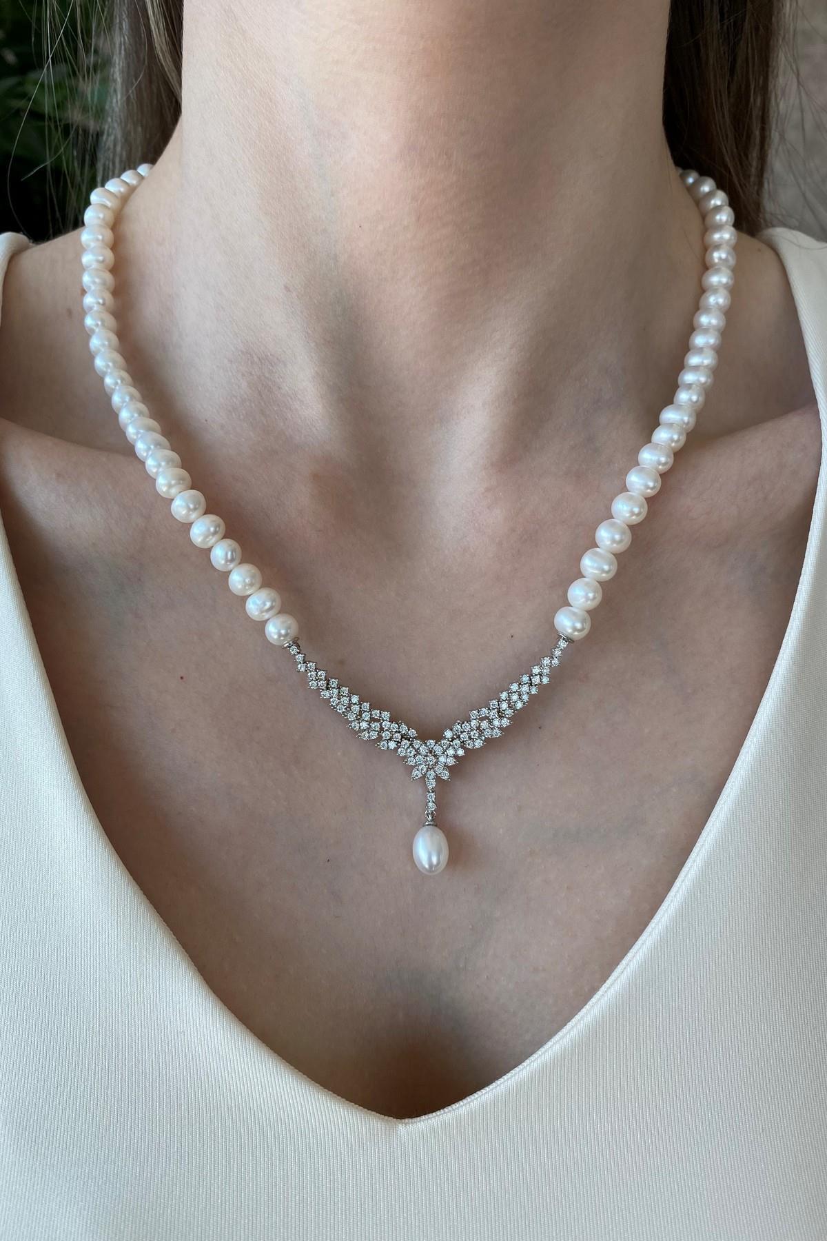 Taşlı Doğal İnci Küpe Kolye Bileklik Üçlü Set