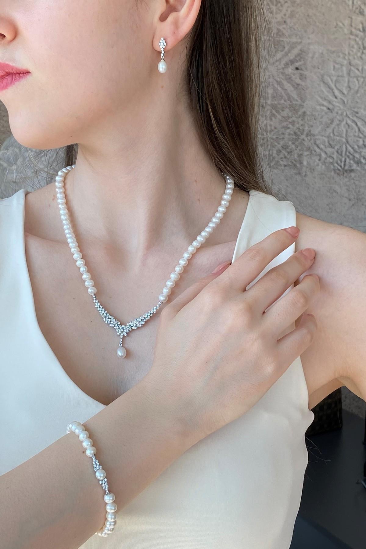 Taşlı Doğal İnci Küpe Kolye Bileklik Üçlü Set