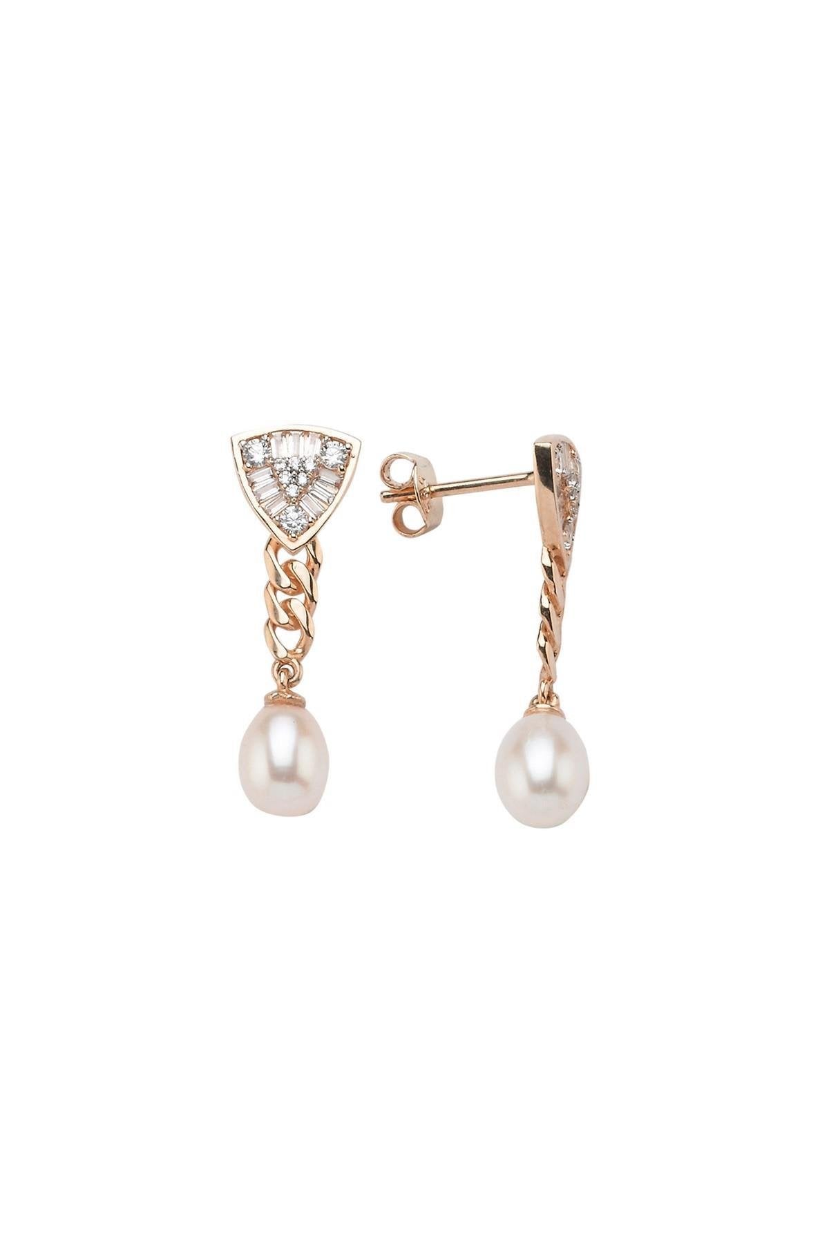 Üçgen Modeli Baget Taşlı Doğal İnci Küpe