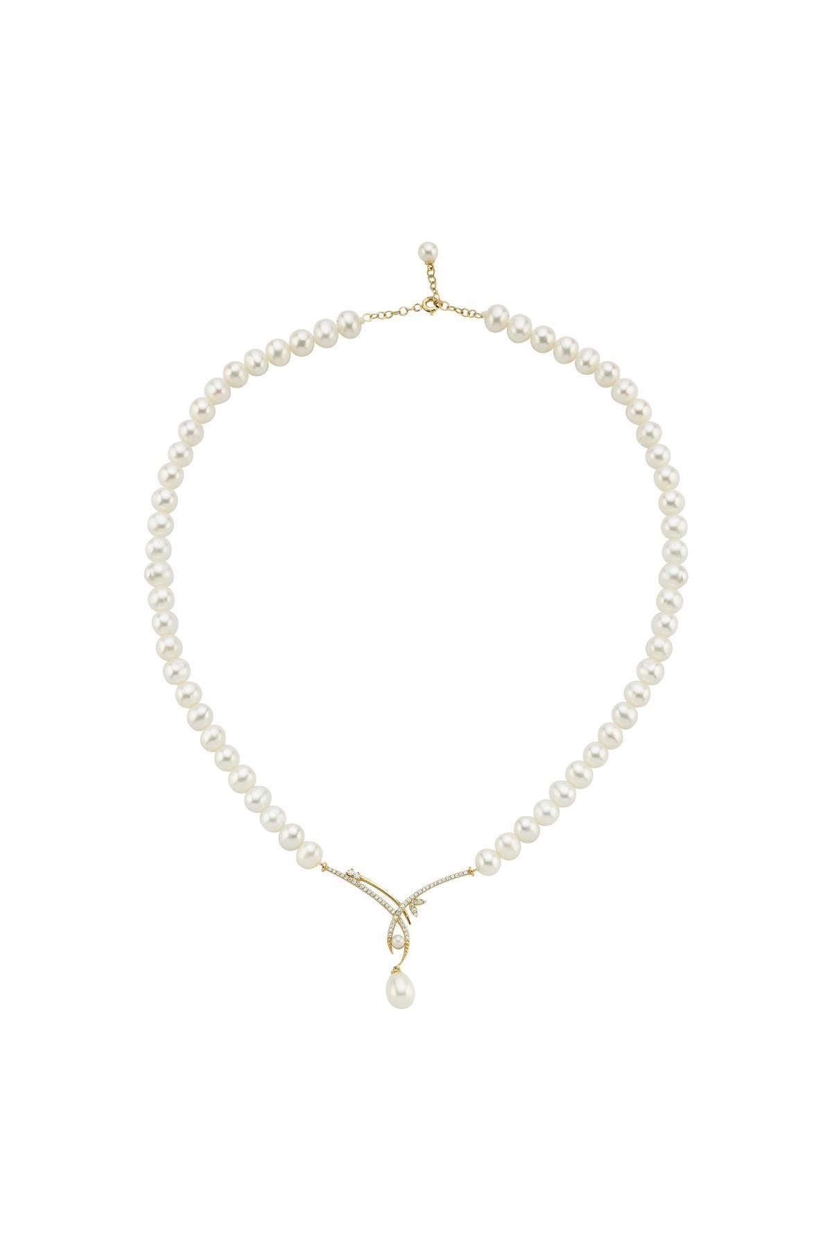 Yaprak Taşlı Doğal İnci Sallantılı Kolye