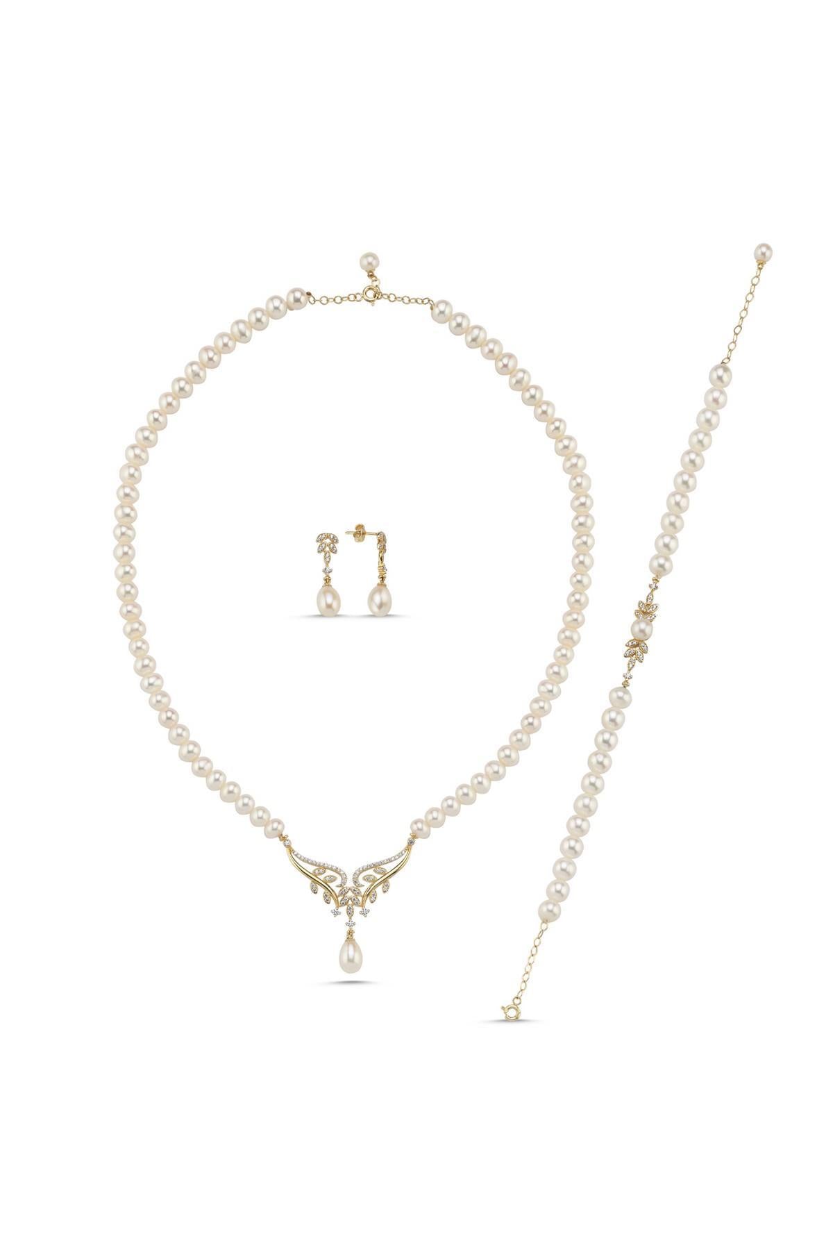 Yaprak Taşlı Doğal İnci Küpe Kolye Bileklik Üçlü Set