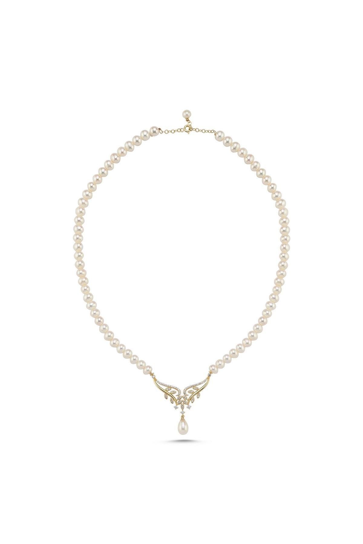 Yaprak Taşlı Doğal İnci Kolye